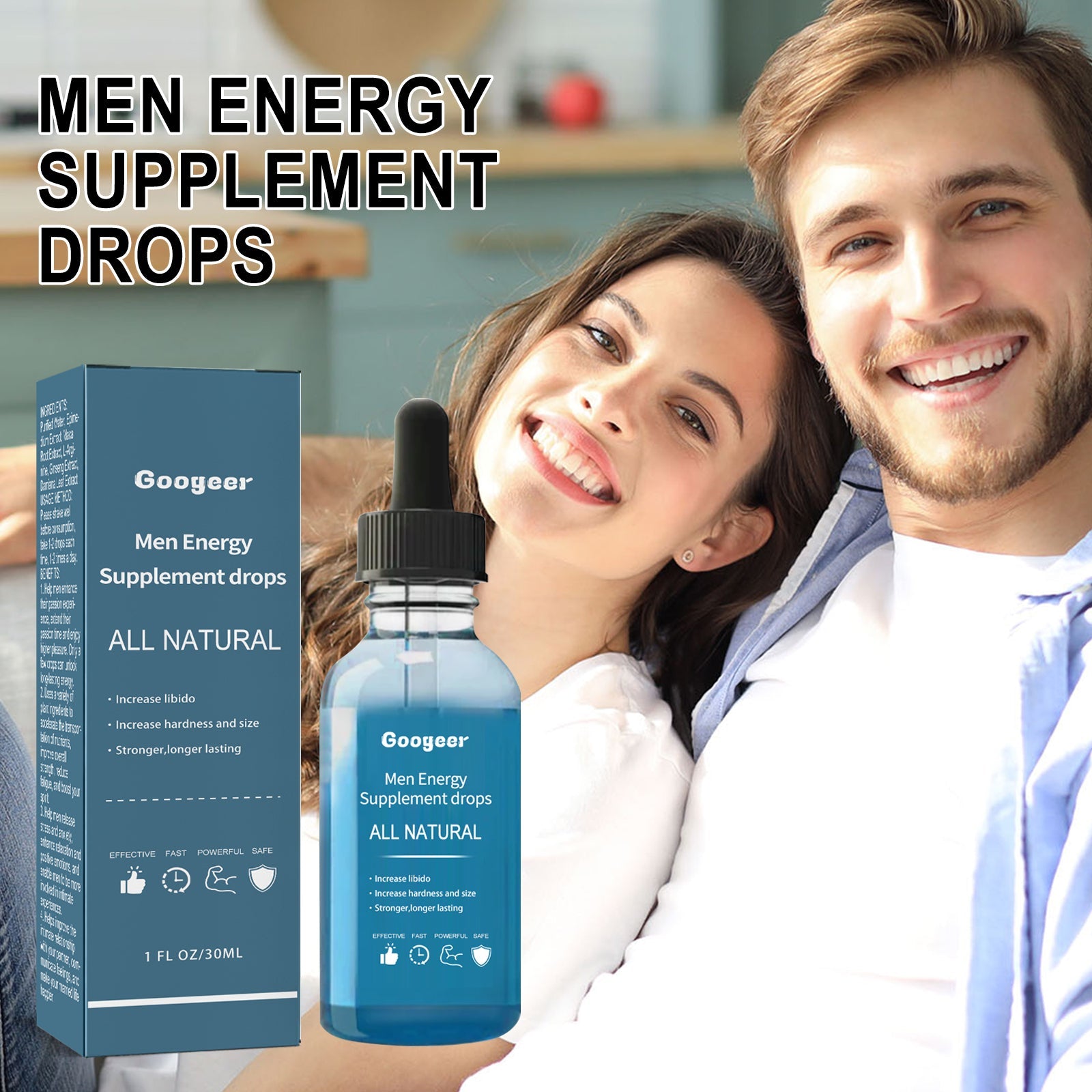 Happy couple holding the supplement bottle, smiling intimately together in casual home setting