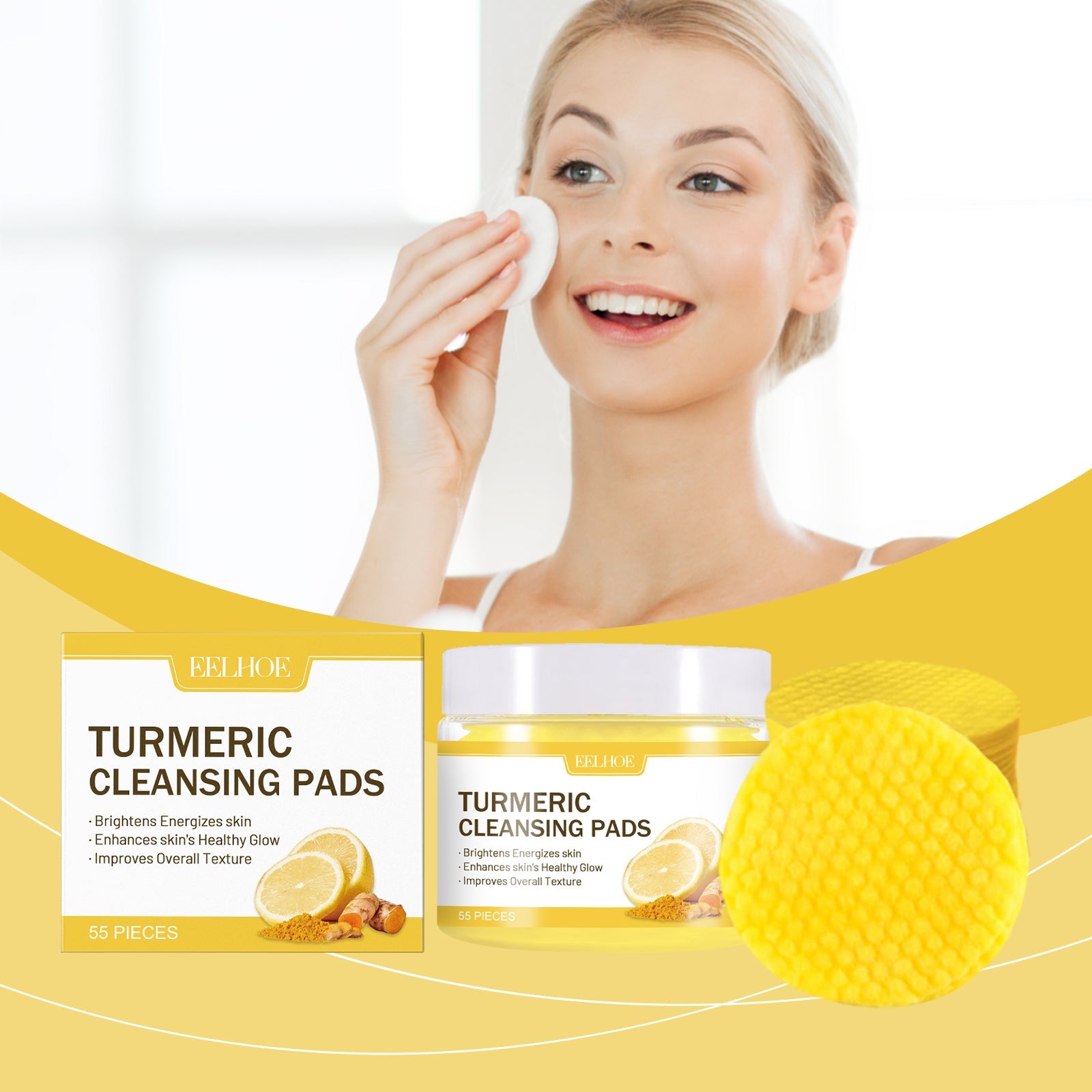 Young woman applying yellow cleansing pad to face with delighted expression in bright bathroom setting
