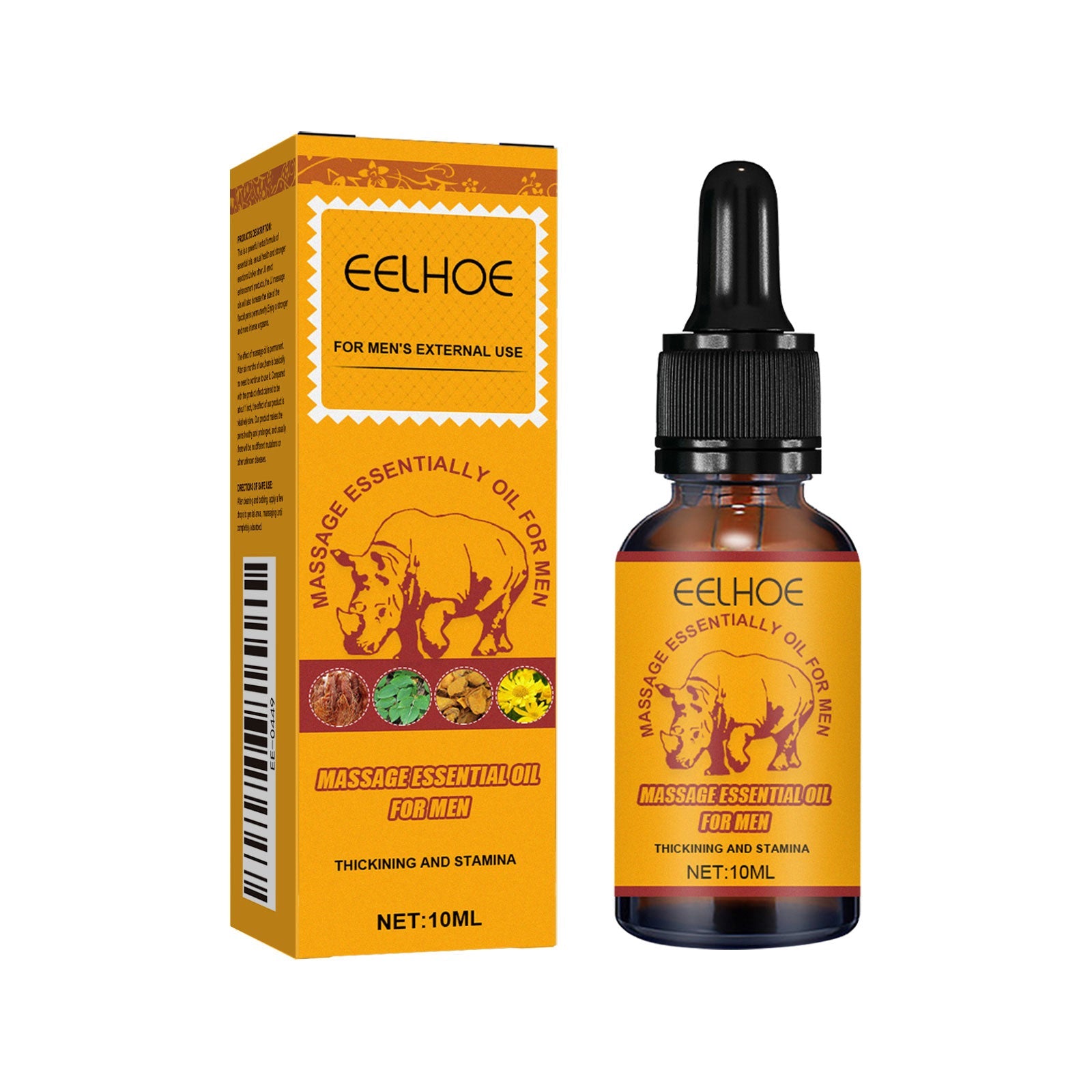 Duplicate product shot of EELHOE box and amber dropper bottle at different angle