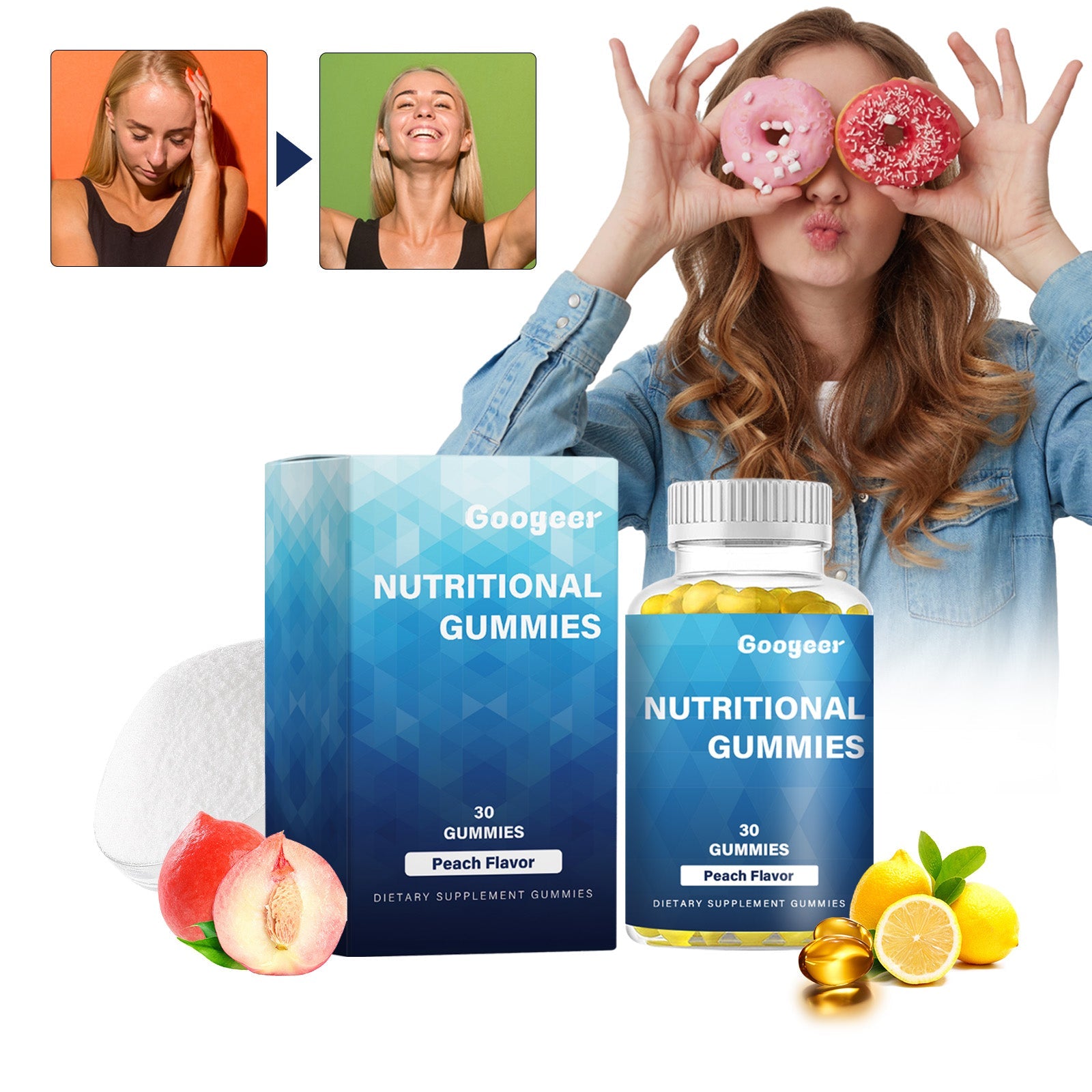Before/after transformation and lifestyle imagery with young woman holding pink gummies and peach imagery