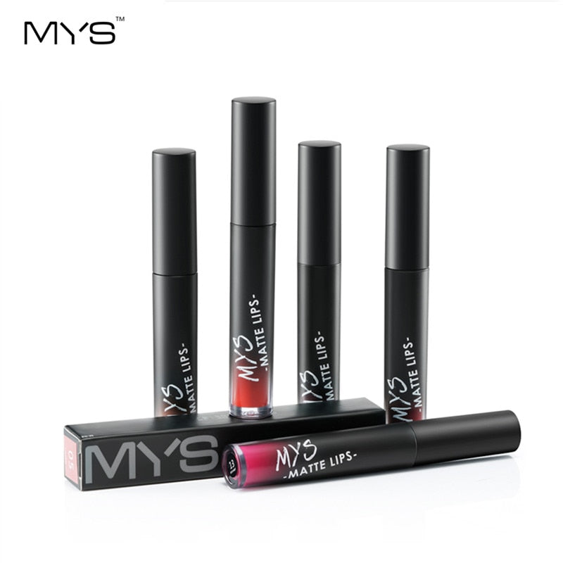 Five MYS Matte Lips tubes in different shades arranged with black packaging box