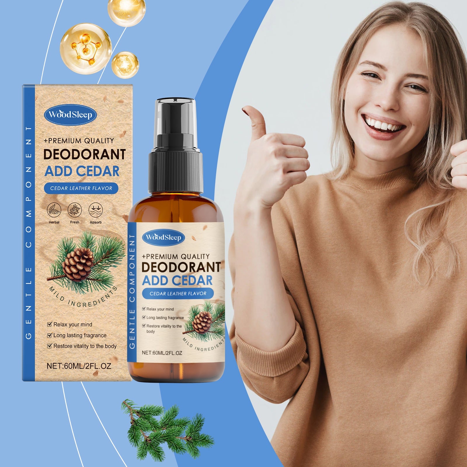 Happy young woman in beige sweater giving thumbs up with product and cedar elements in background against blue gradient
