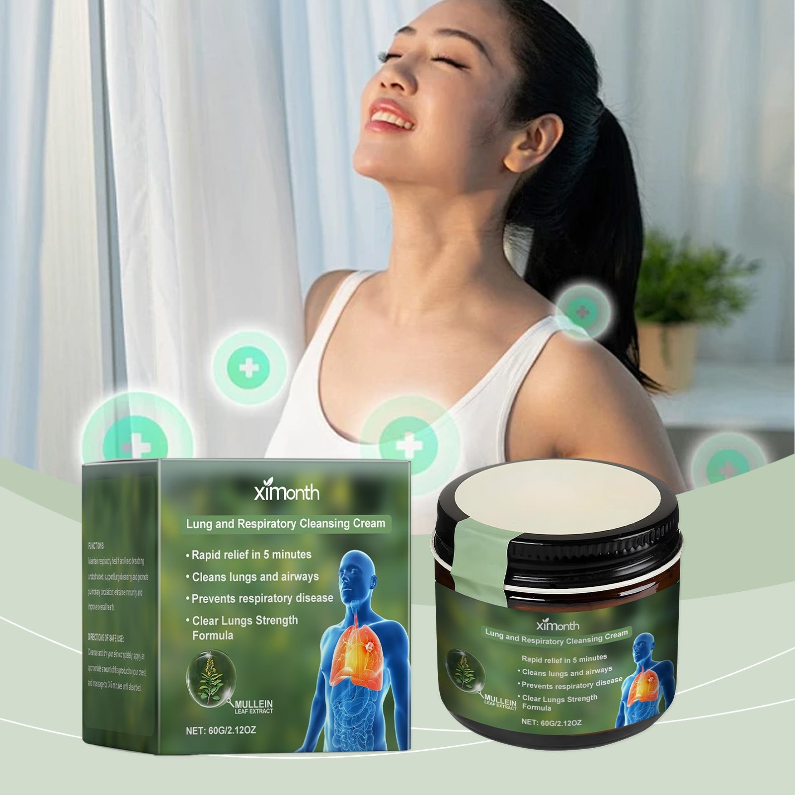 Woman in white tank top tilting head back peacefully with glowing green wellness indicators radiating from chest and shoulders