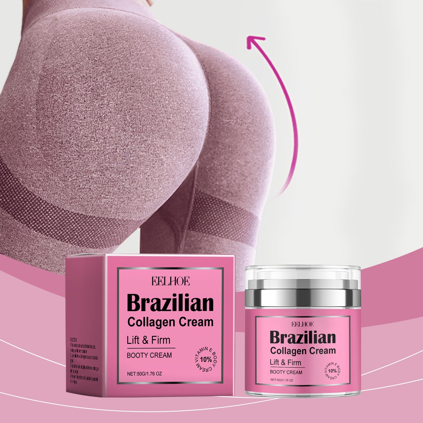 Woman wearing light pink athletic wear from behind with upward arrow, product displayed alongside pink wavy design elements