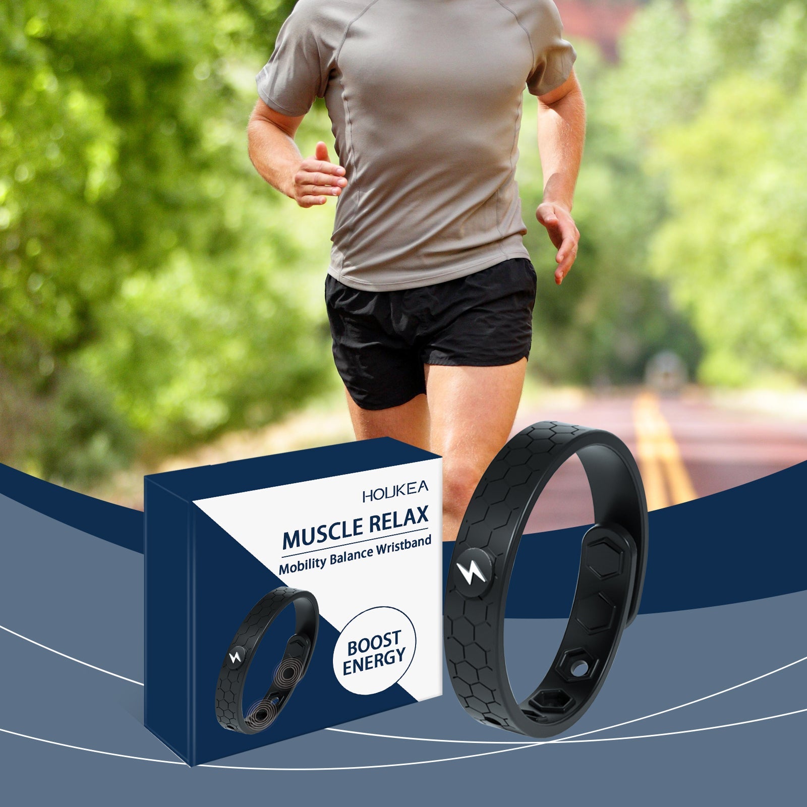 Runner wearing gray shirt and black shorts jogging outdoors with wristband visible; product packaging shown in foreground