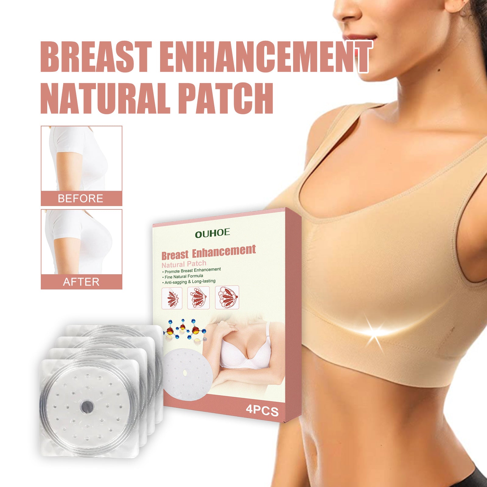 Infographic detailing five key benefits: Strong, Compact, Full, Maintain, and Shaping with measurement and bra imagery