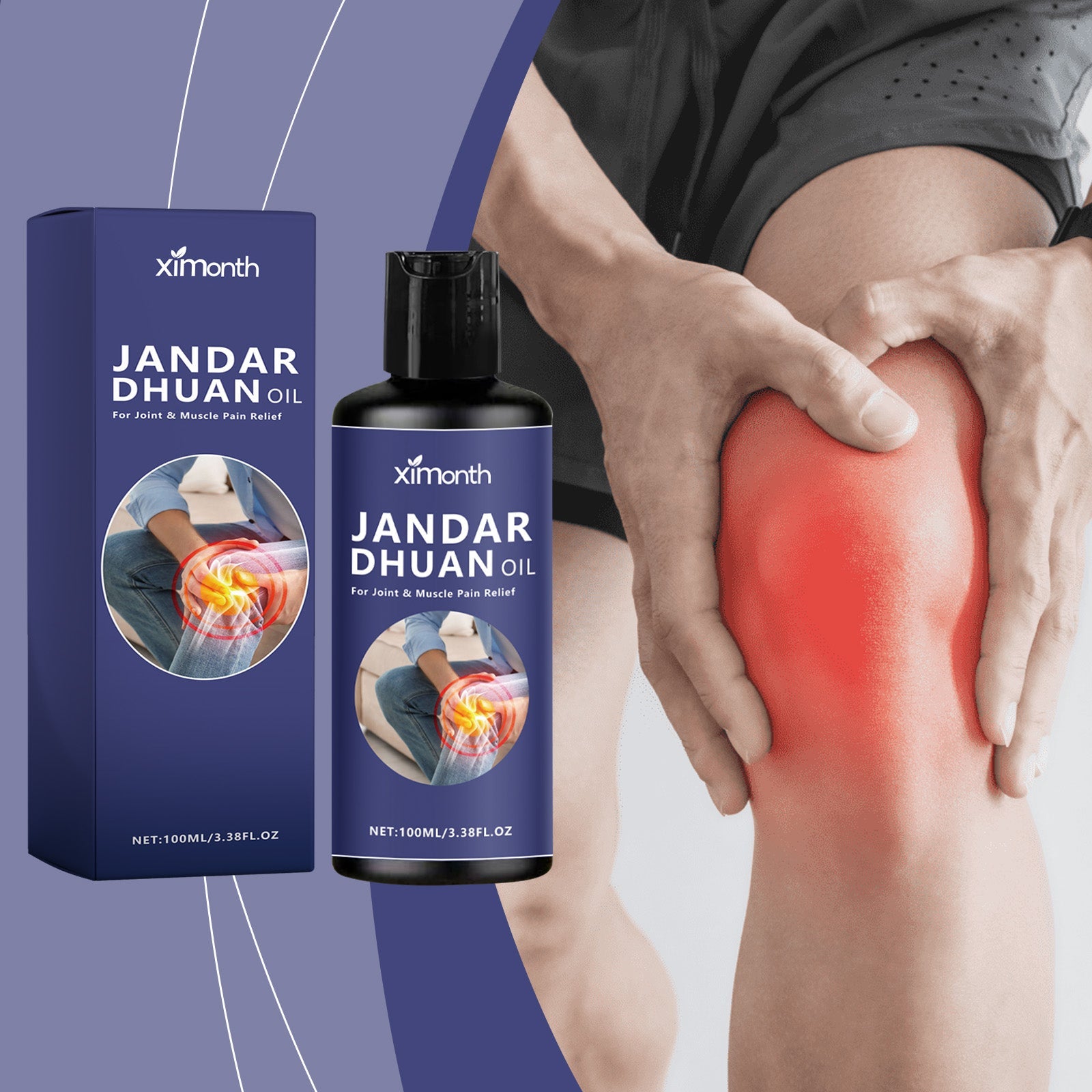 Packaging and bottle shown alongside close-up of person massaging knee with red heat visualization overlay