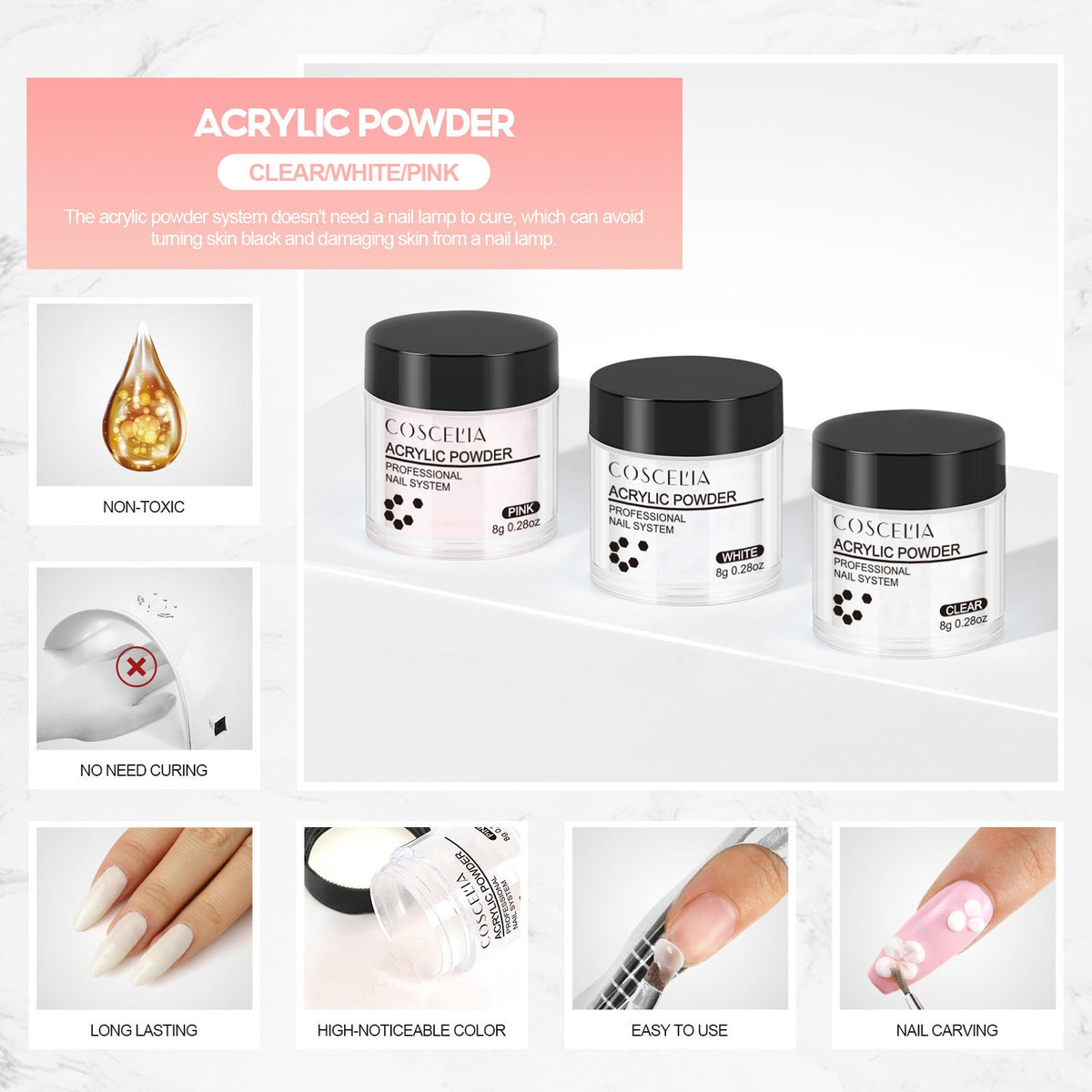COSCELIA Acrylic Nail Kit – Salon Extensions, No UV Lamp