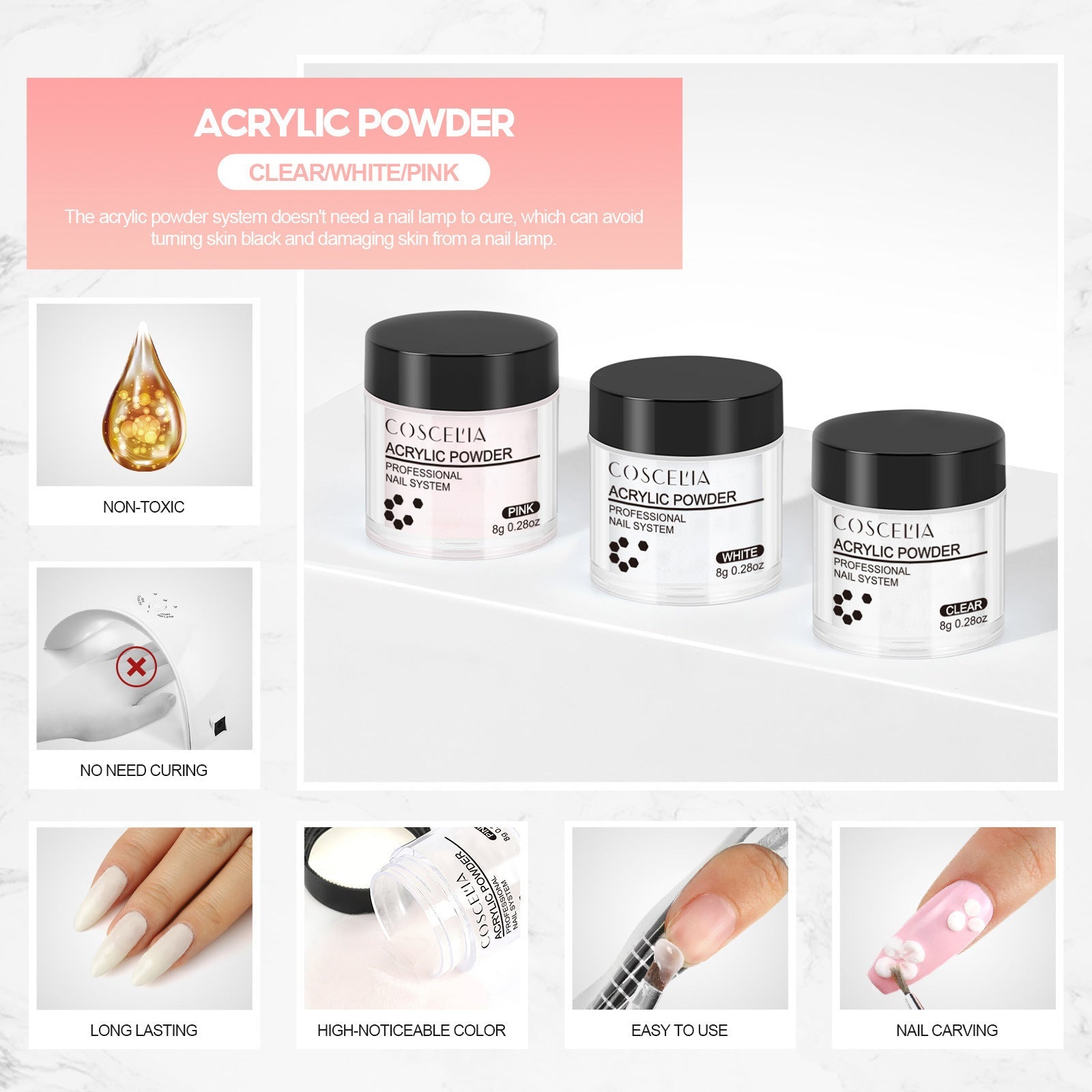 Application sequence showing liquid monomer bottle, dapper dish, brush techniques, and before/after nail transformations with decorated designs