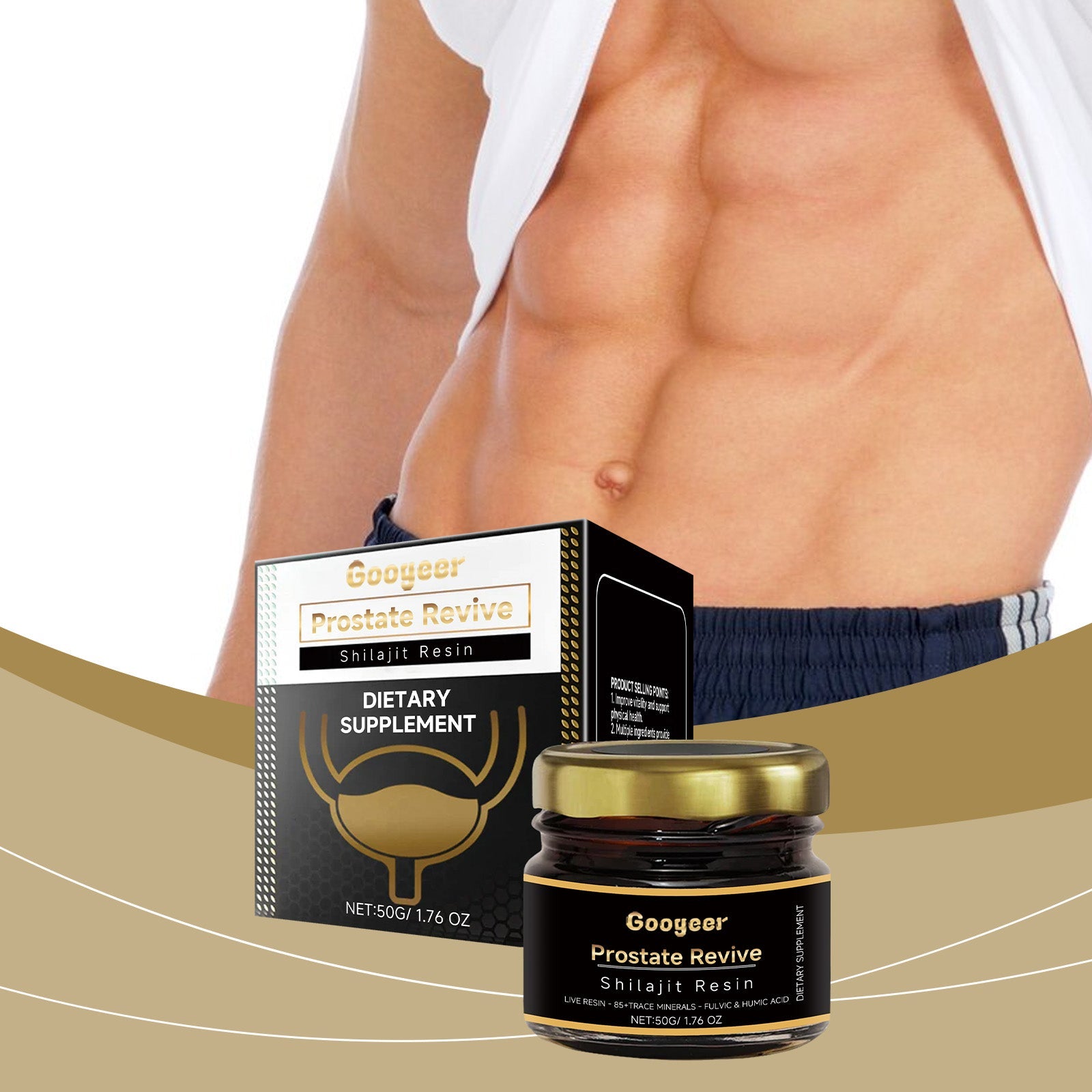 Shirtless fit male torso with product and gold wave design elements emphasizing vitality and physical health