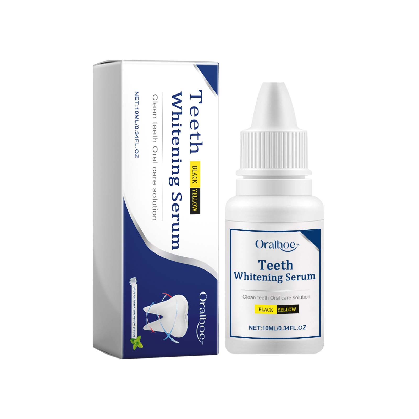 Before/after smile comparison showing yellow teeth transforming to white teeth; lifestyle image of person holding product with bright white smile; dental mirror showing yellowed tooth detail