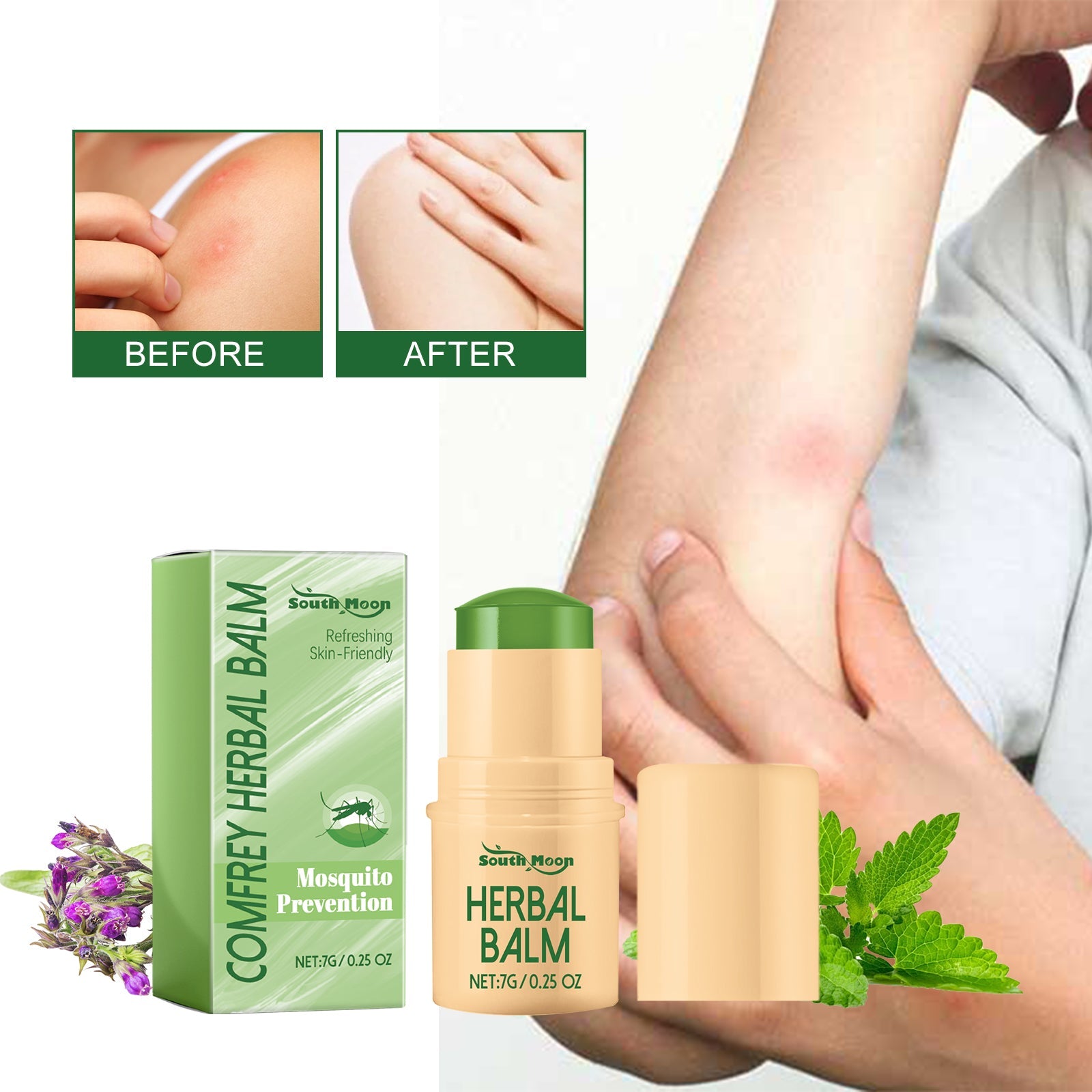Child applying balm to mosquito bites with enlarged mosquito image and ingredient benefits description