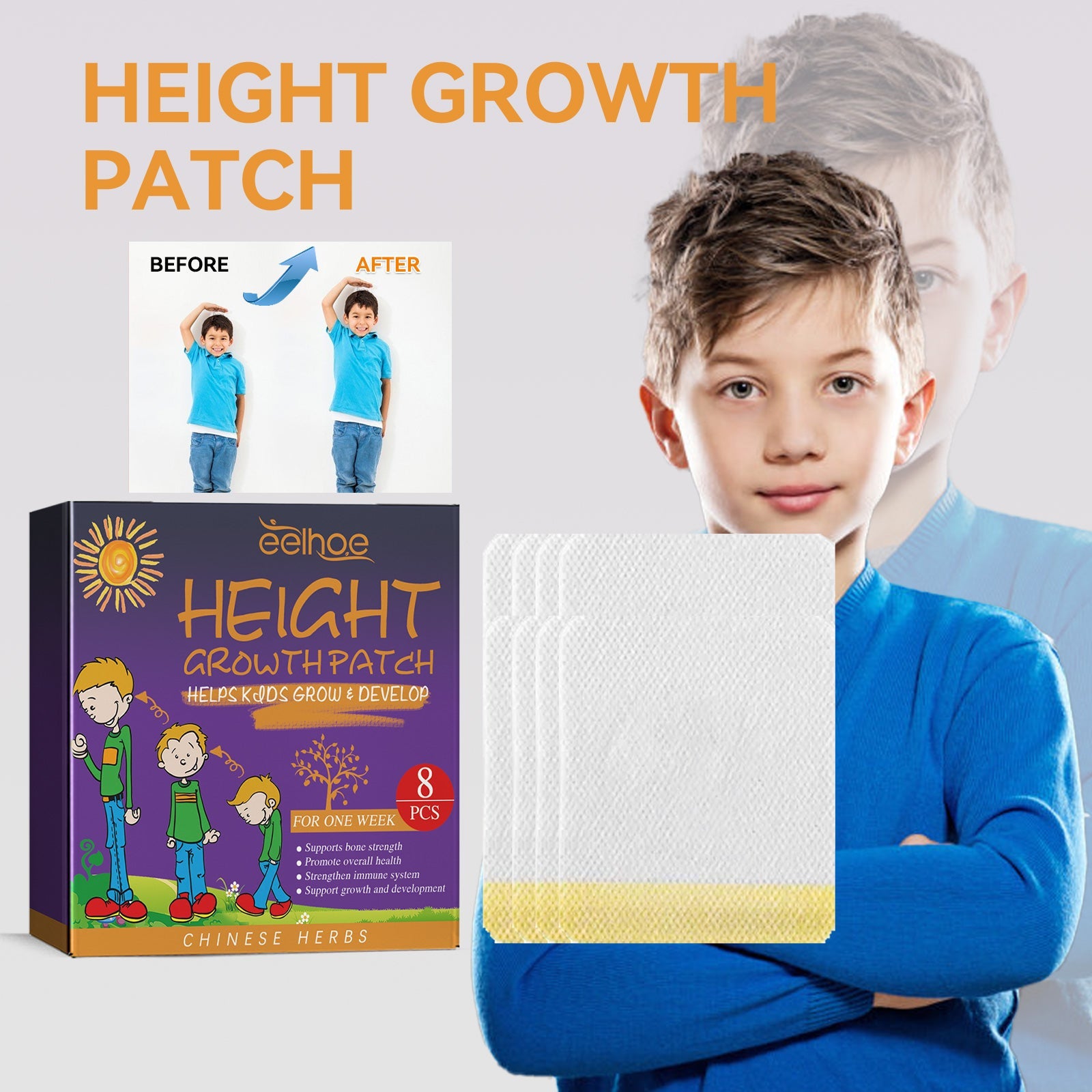 Child in blue shirt reaching up toward growth measurement chart on wall, demonstrating product usage scenario and aspirational growth outcome