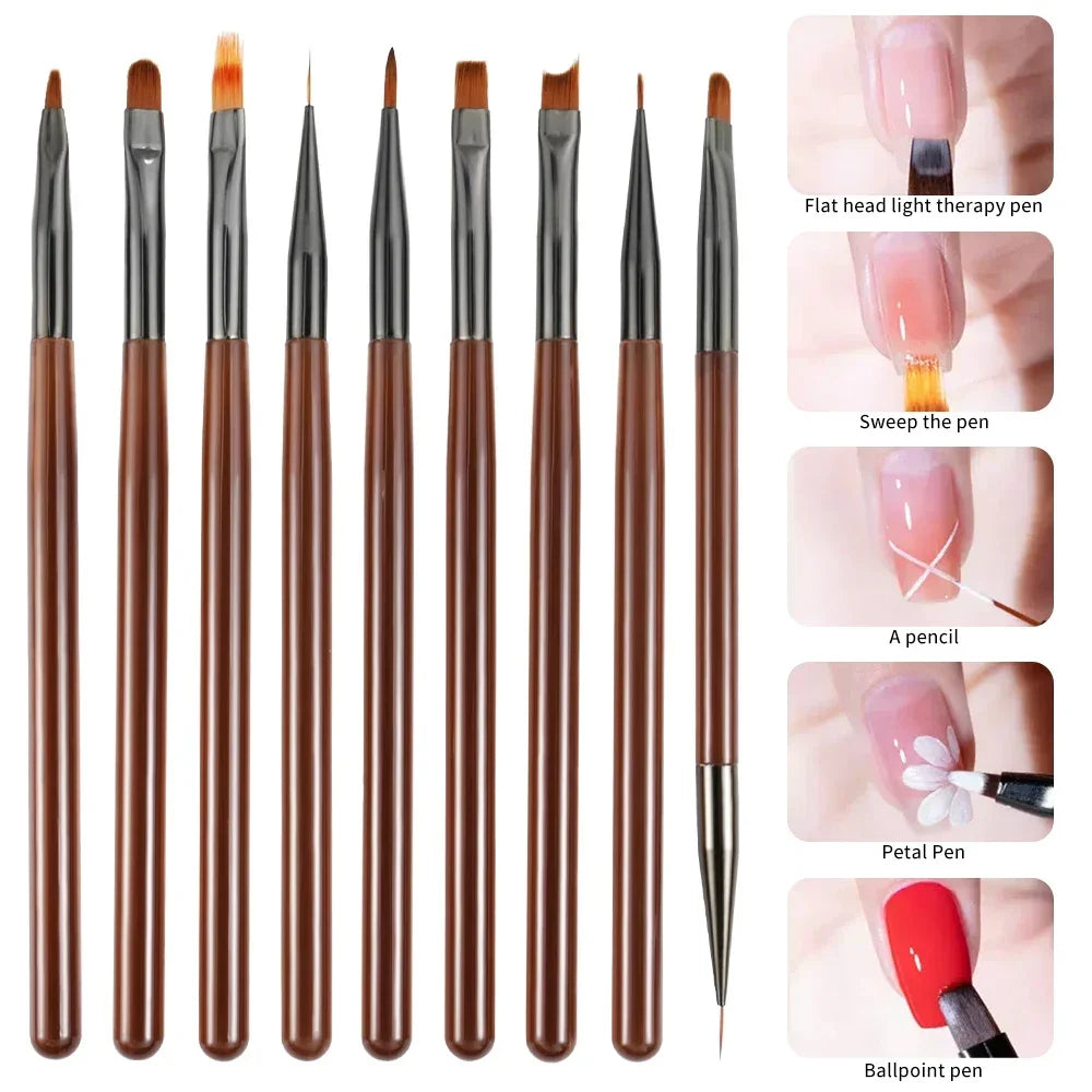 9-Pc Nail Art Brush Set for UV Gel — Liner, Flat, Round