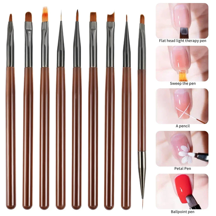 9-Pc Nail Art Brush Set for UV Gel — Liner, Flat, Round