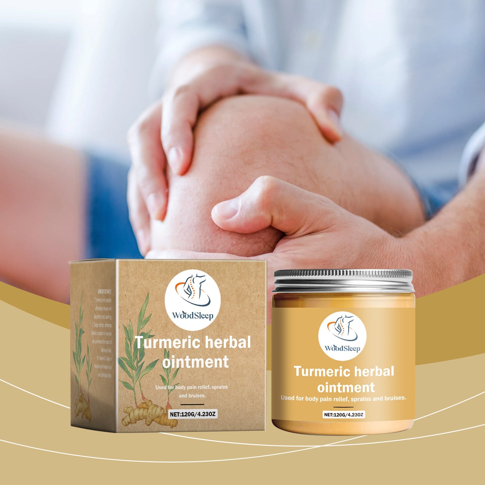 Adult hands holding inflamed, reddened knee joint in outdoor setting with decorative gold wave background