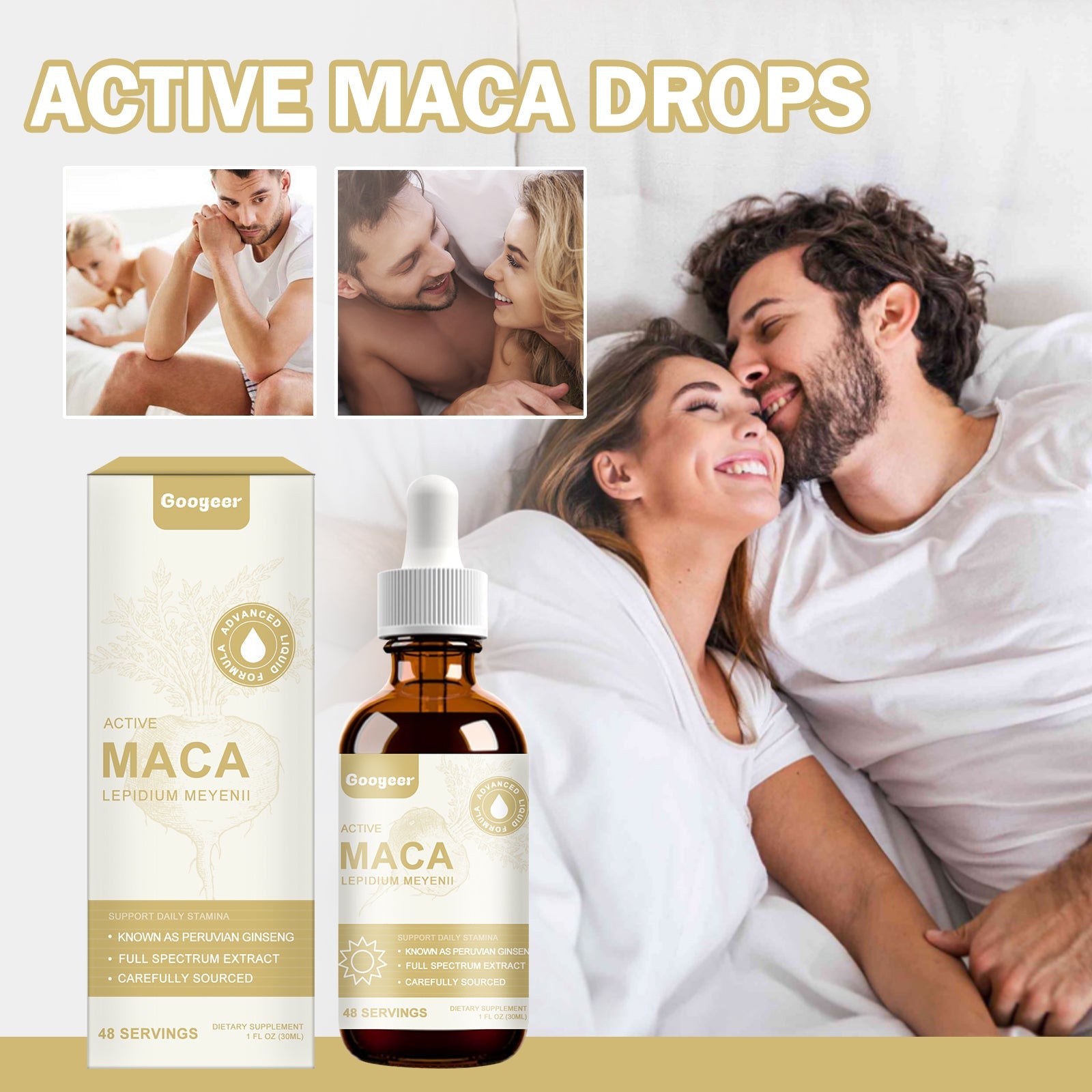 Active couples in intimate moments - man and woman in bed smiling, happy couple embracing, man in contemplative pose