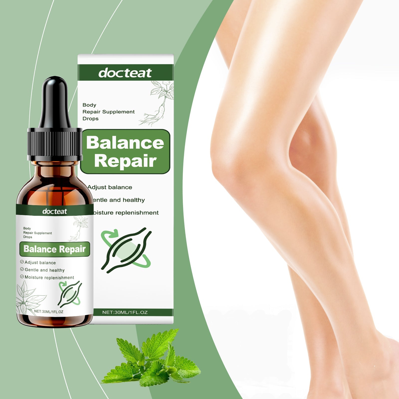 Woman's legs and lower body against soft green background with mint leaf element, showing refreshed skin