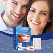 Oralhoe cosmetic denture kit box showing blue branding, product features, and realistic smile example