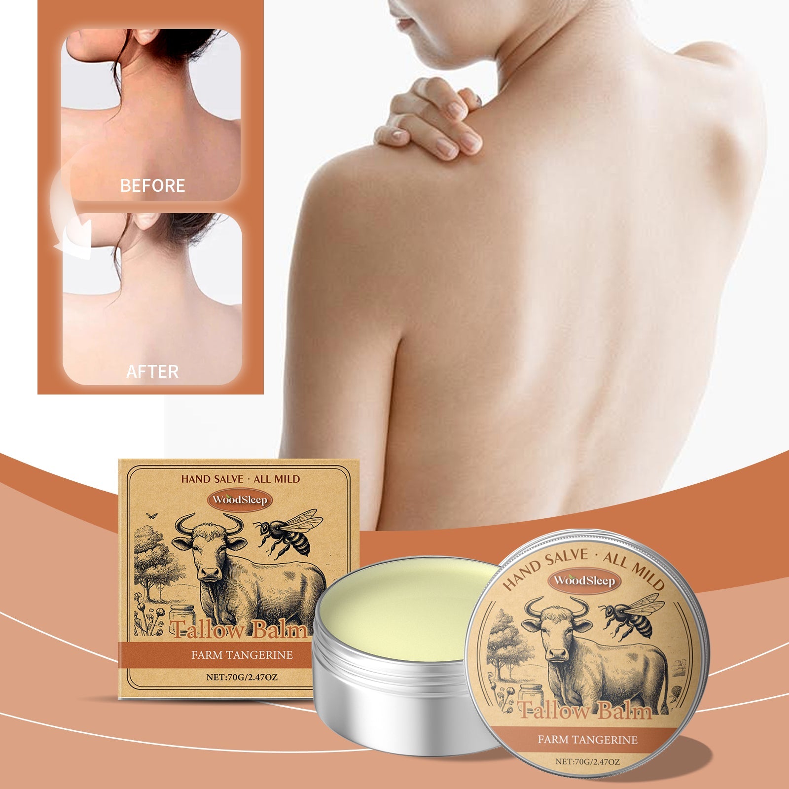 Woman applying cream balm to leg while seated, surrounded by honey, orange slice, and white flower garnish highlighting key ingredients and benefits