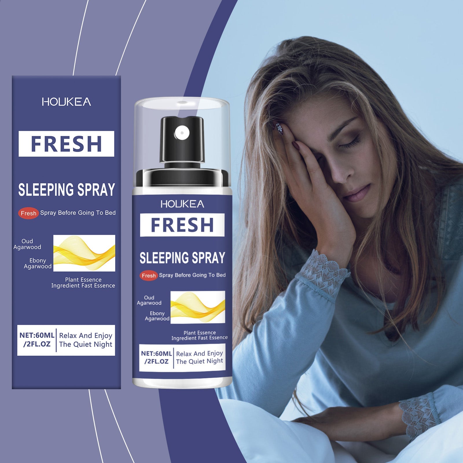Woman in light blue pajamas with closed eyes, peaceful expression, hand near face, with product packaging visible on left