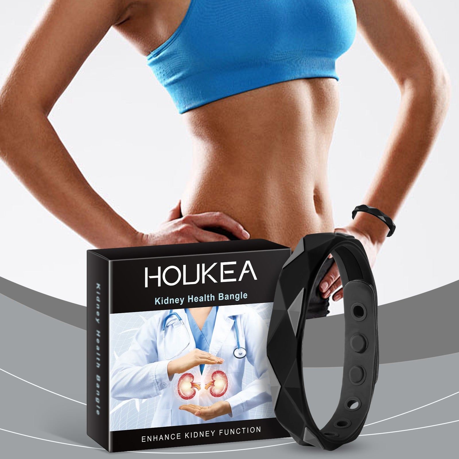 Fit woman wearing blue sports top with HOUKEA bangle on wrist, holding packaging box near abdomen