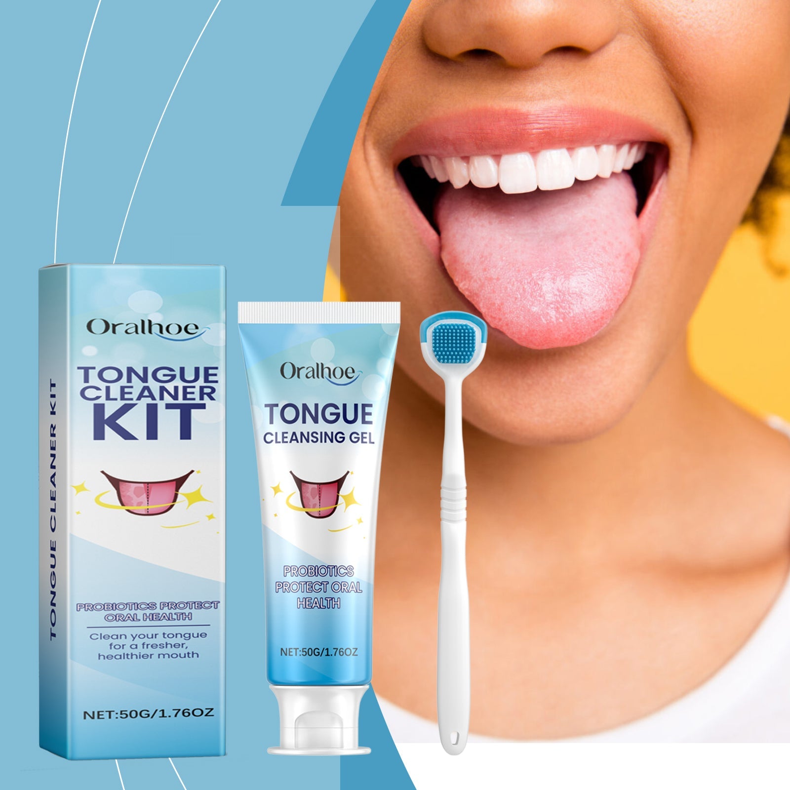 Woman with mouth open showing healthy pink tongue using the cleaner kit, with product packaging displayed alongside on blue background