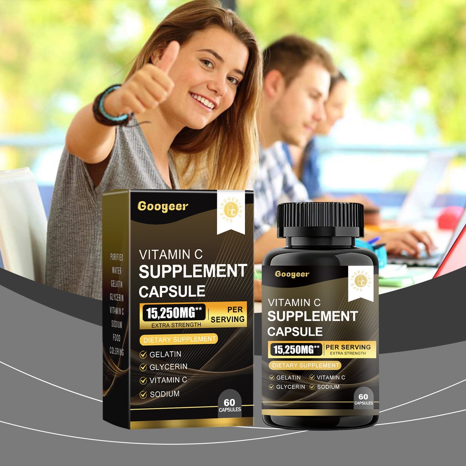 Diverse group of young professionals giving thumbs up with product packaging in outdoor setting