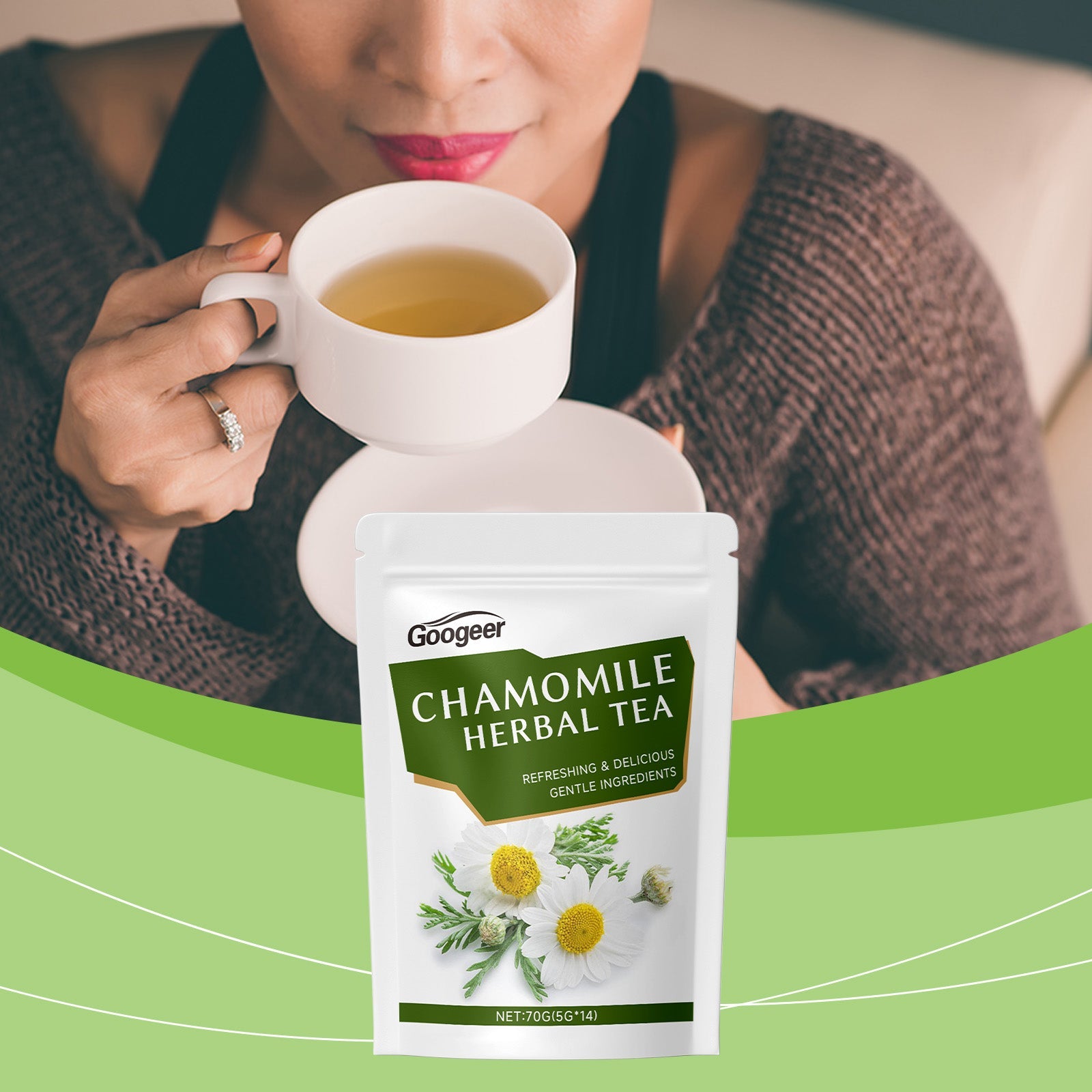 Woman in cozy sweater holding white mug of brewed chamomile tea with product pouch in foreground