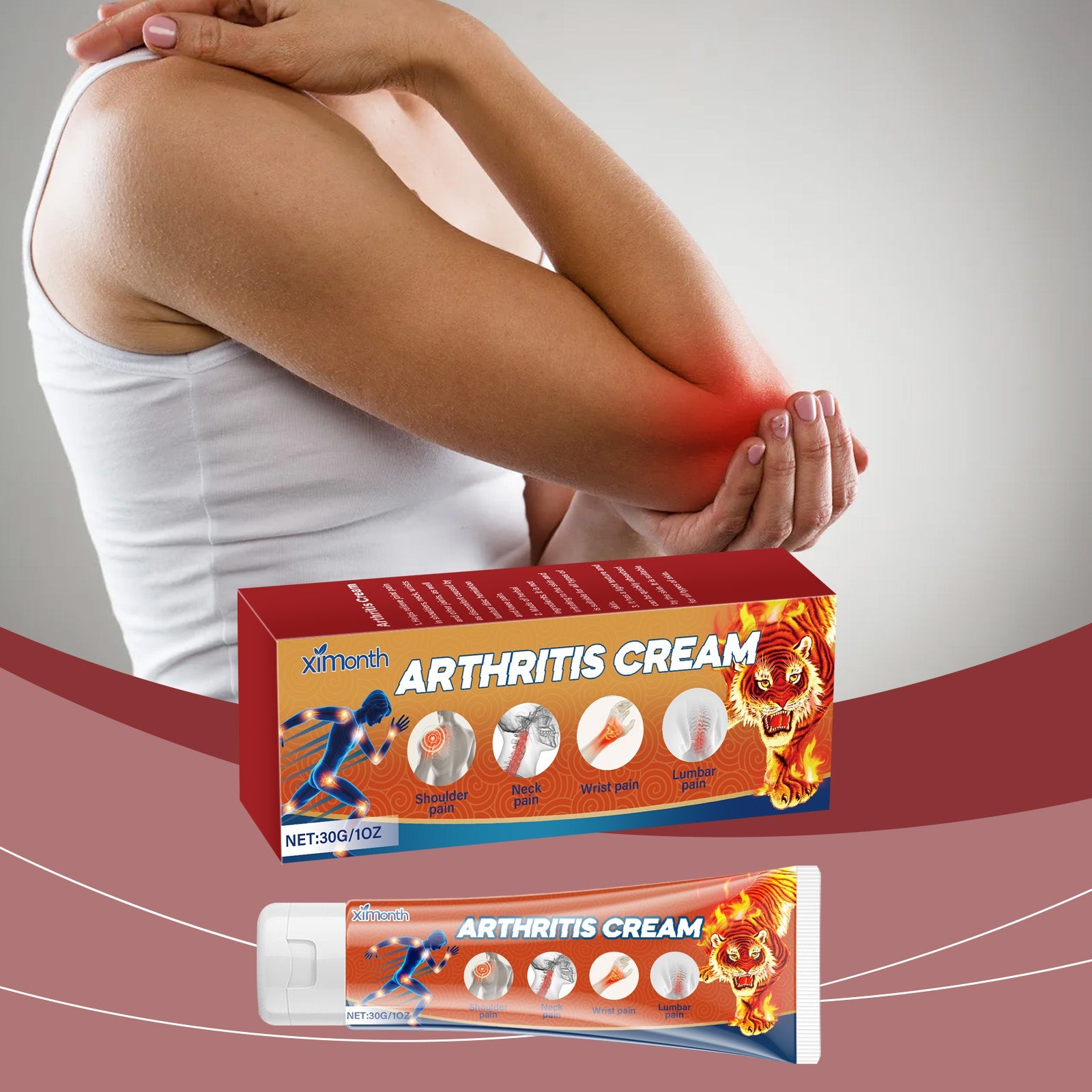 Woman in white tank holding elbow with visible red pain indicator showing joint discomfort relief