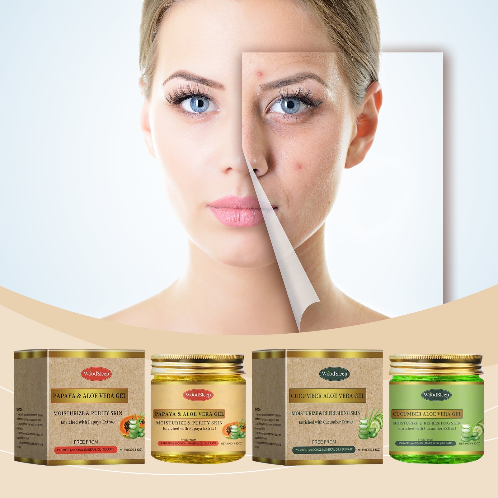 Lifestyle image of woman applying gel with text describing deep cleansing and deep moisturizing benefits