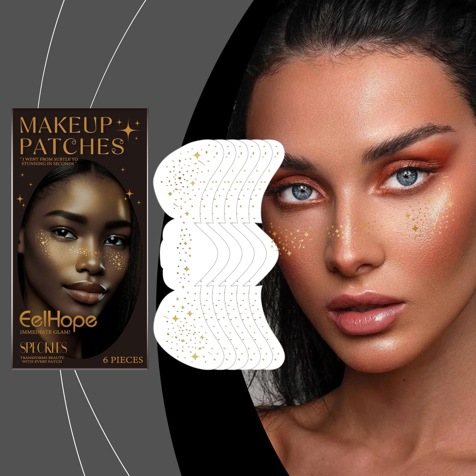 Detailed close-up of model wearing patches with bullet-point feature list: suitable for travel/daily/party wear, easy removal, photography-level effect, repositionable placement