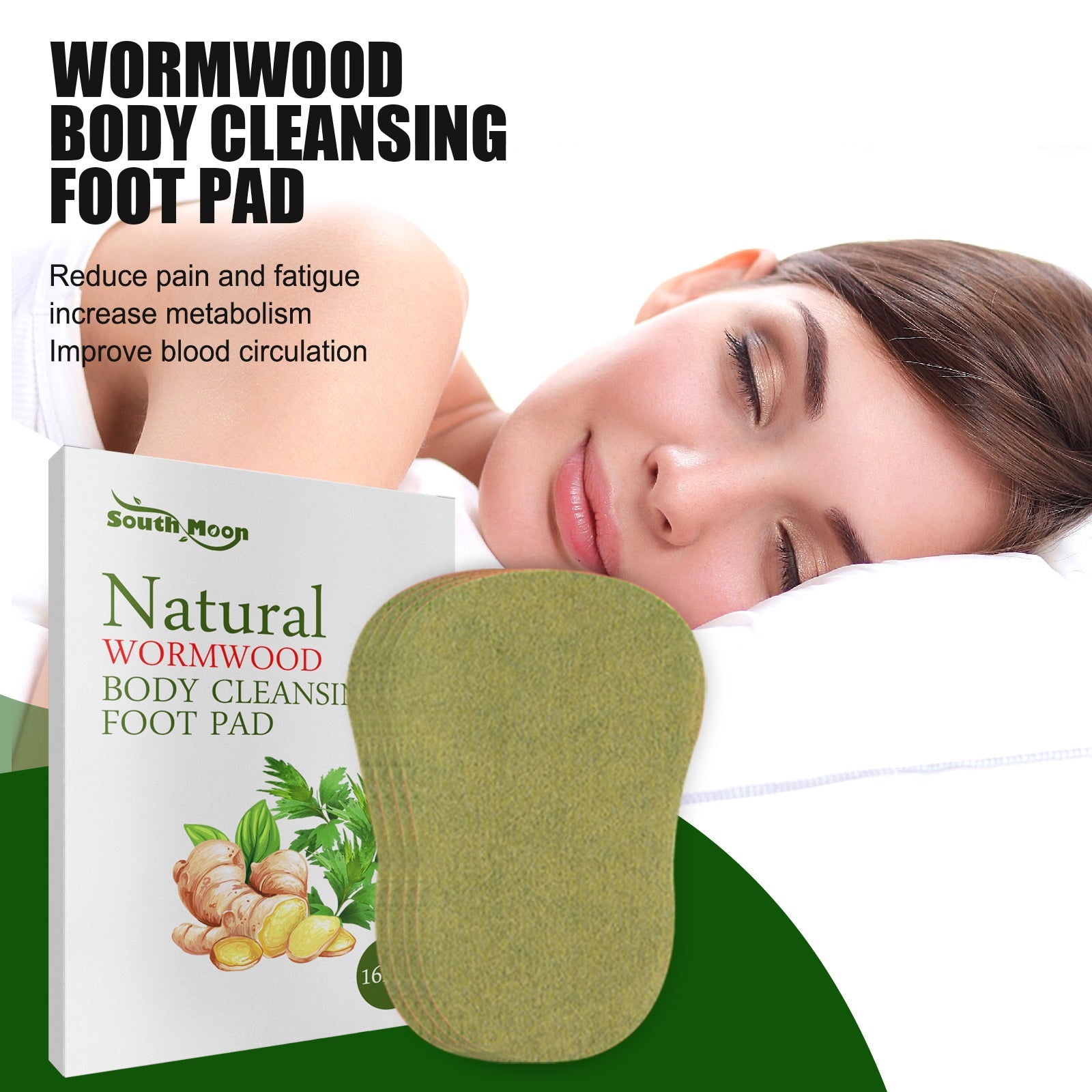 Woman sleeping peacefully on white pillow with relaxed expression, package visible, product claims overlay highlighting pain reduction and metabolism benefits