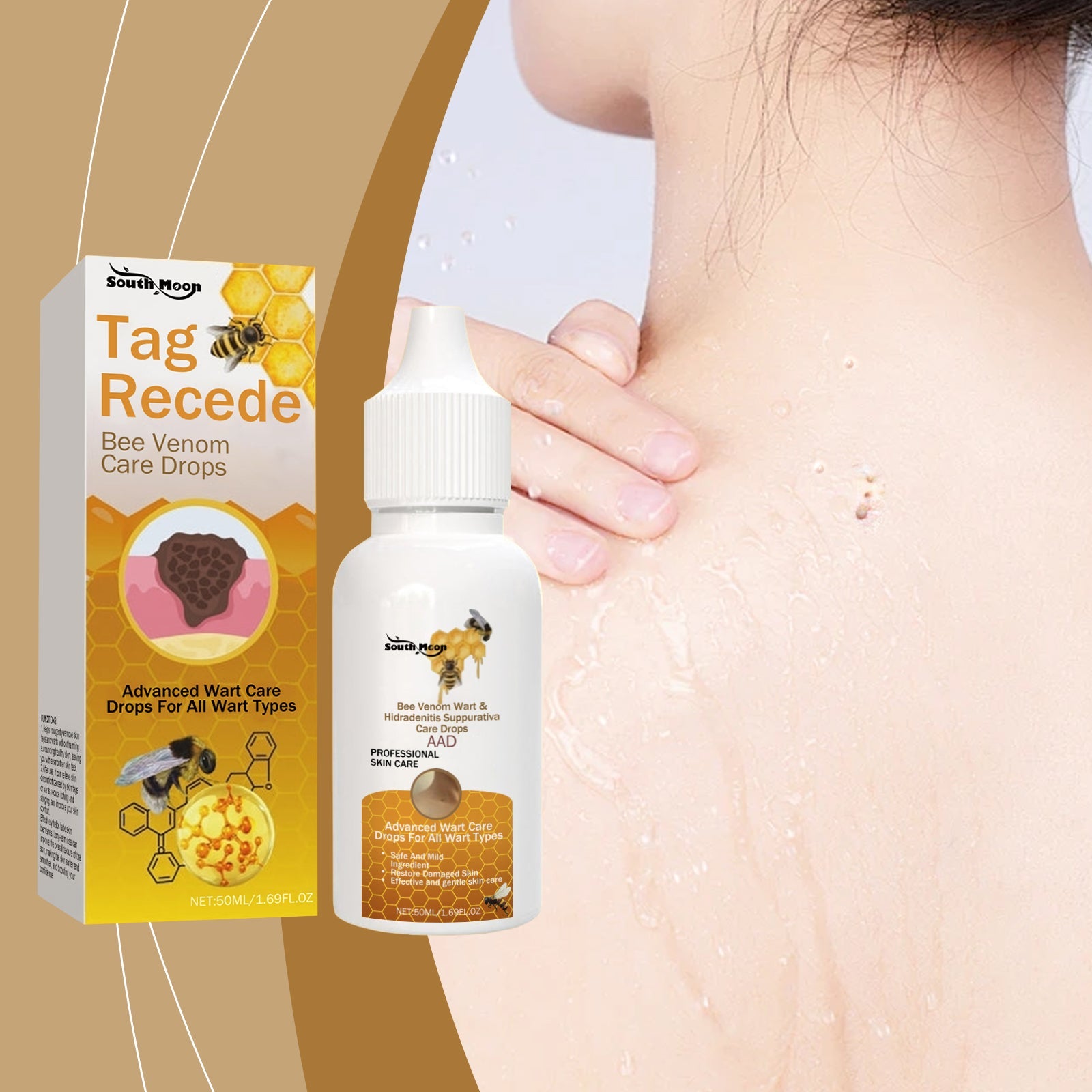 Hands applying drops to visible skin blemish on neck/shoulder area against warm gold striped background