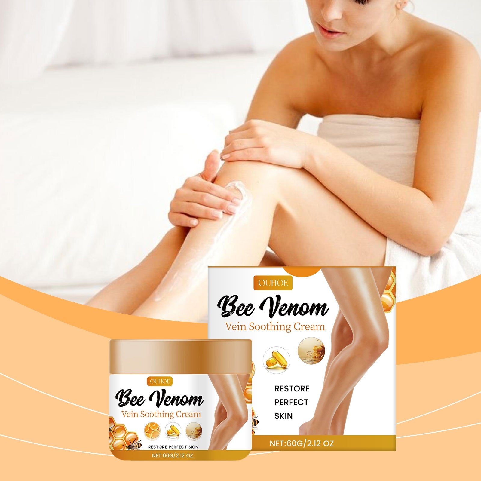 Woman applying cream to leg in white spa setting with product packaging displayed