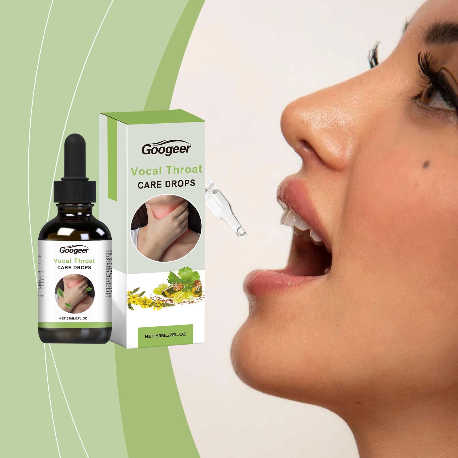 Woman in profile using dropper with open mouth, product and packaging shown left side, soft green gradient background with abstract design