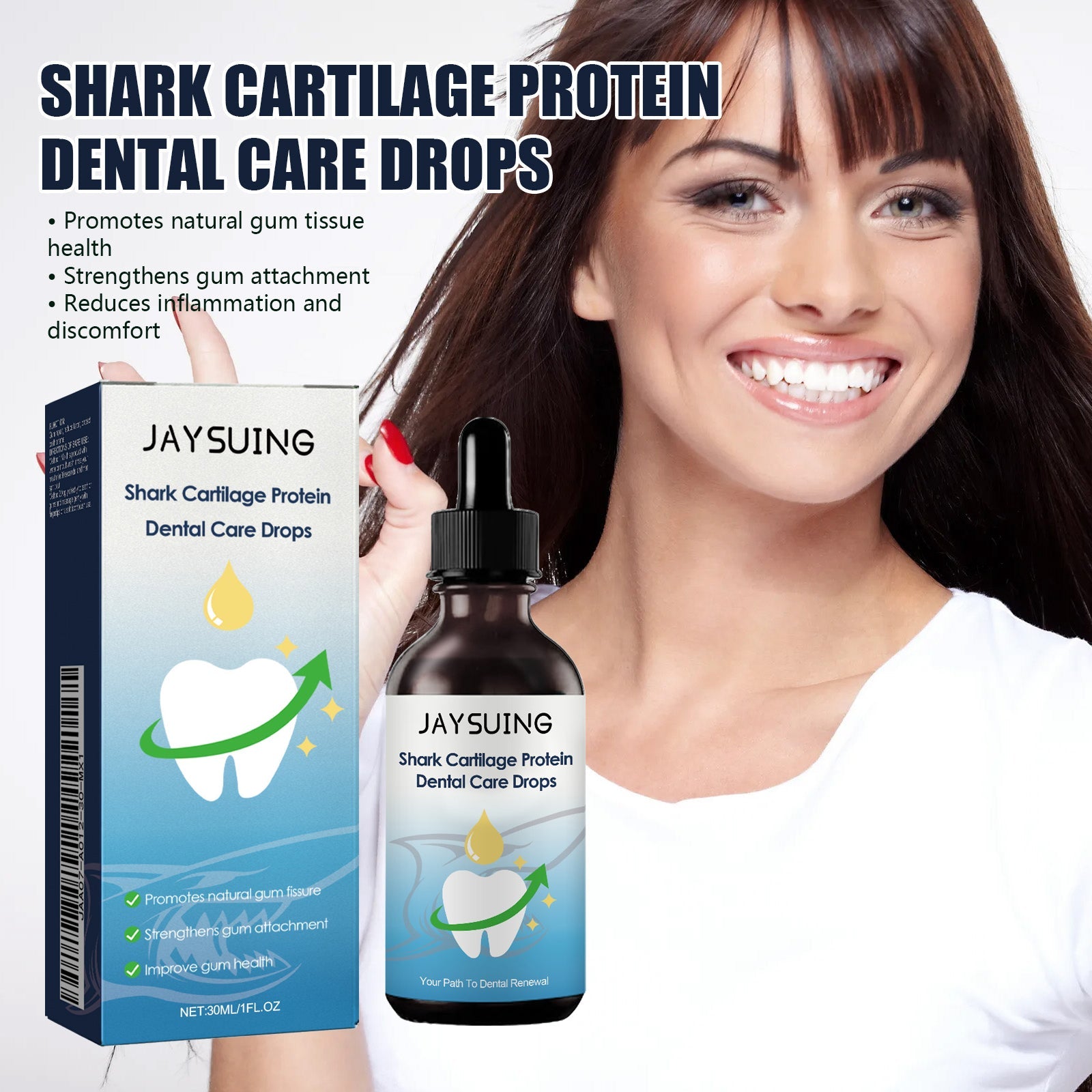 Woman with bright healthy smile holding product, text overlay listing three key benefits