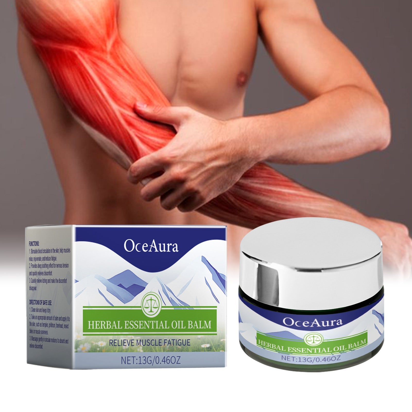 Shirtless man holding arm showing red muscle visualization of muscle fatigue/pain with OceAura balm jar displayed below