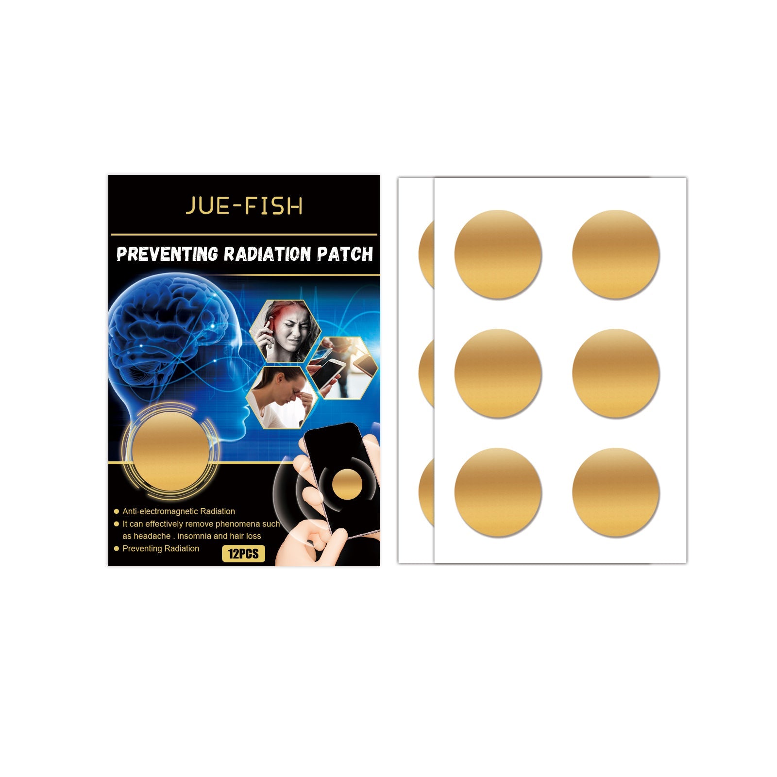 Grid display of 6 gold circular adhesive patches arranged on white background