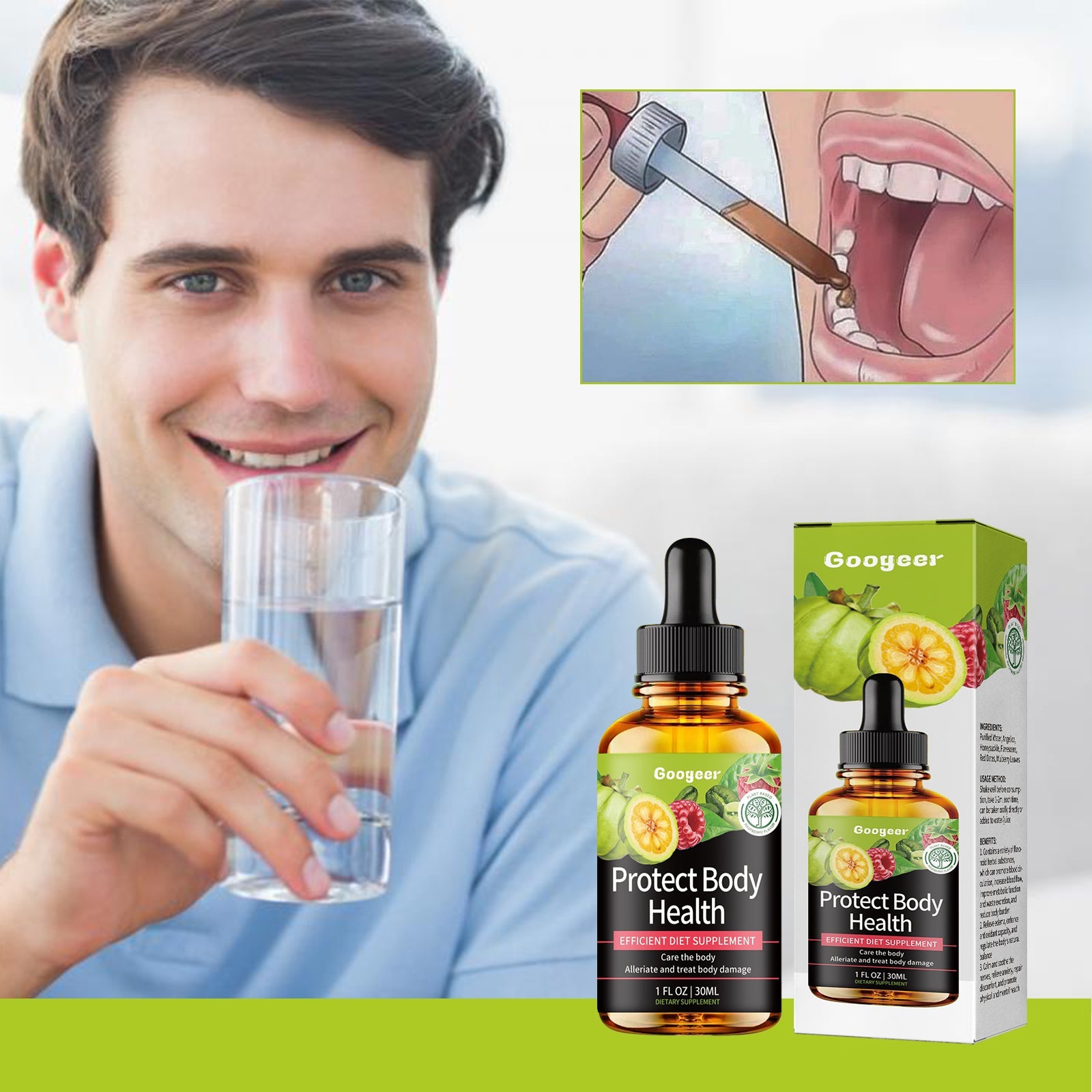 Healthy male holding glass of water with bright smile, small inset showing tongue/throat application, products displayed on lime green background