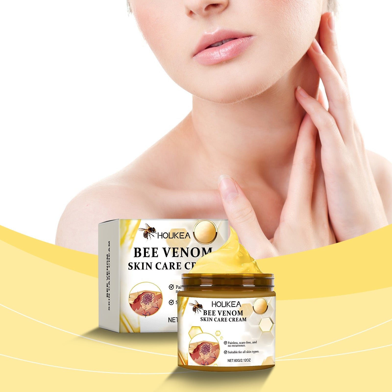 Woman's face and neck in profile showing calm, satisfied expression while touching her cheek; product packaging visible in lower portion with yellow abstract background elements