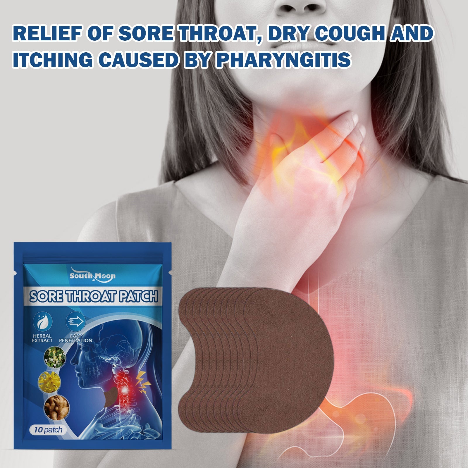 Woman holding throat with visible red heat/inflammation overlay, patch applied to neck, headline states relief benefits