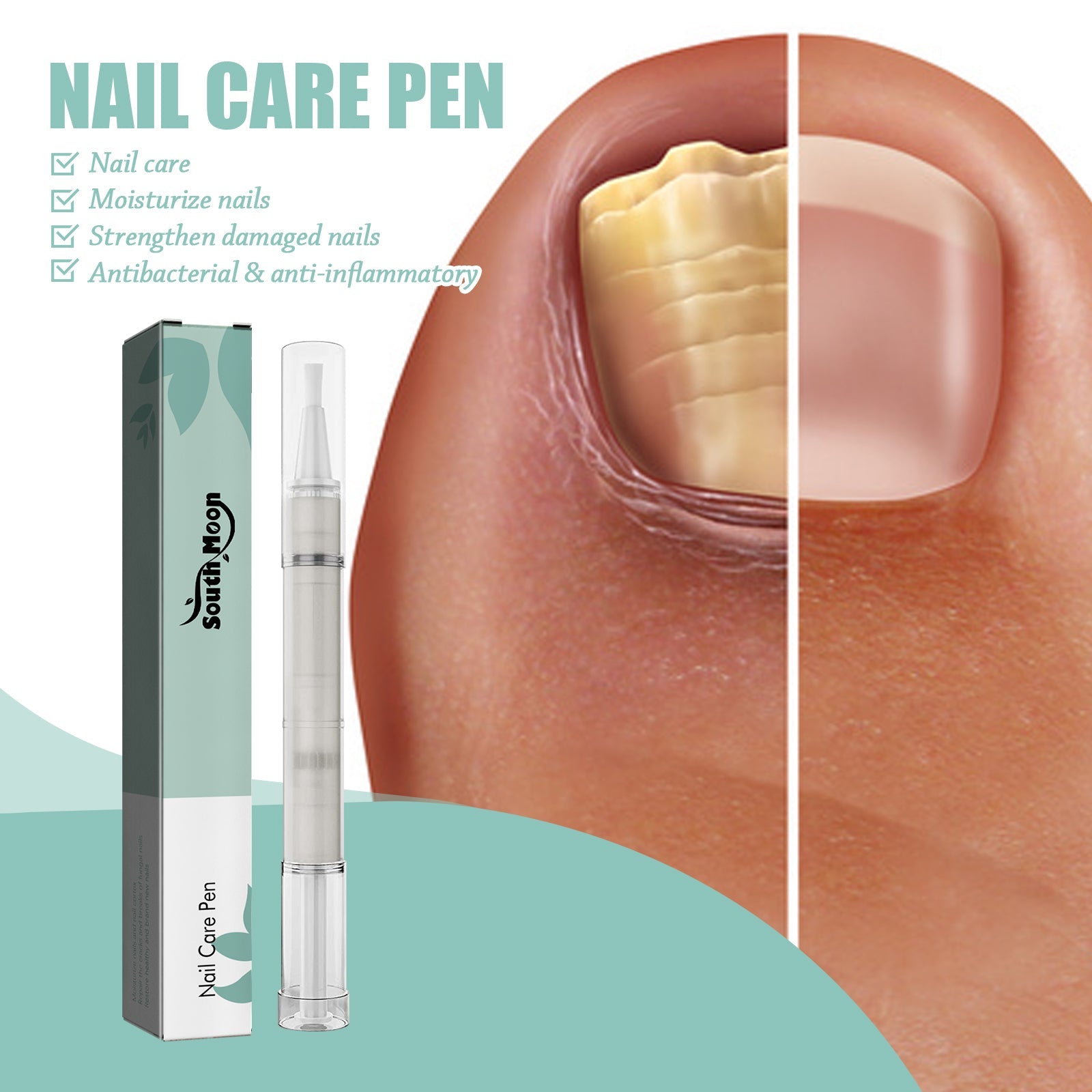 Healthy nails applying the pen product with close-up before/after detail of severely ridged/thick nail becoming smooth and clear