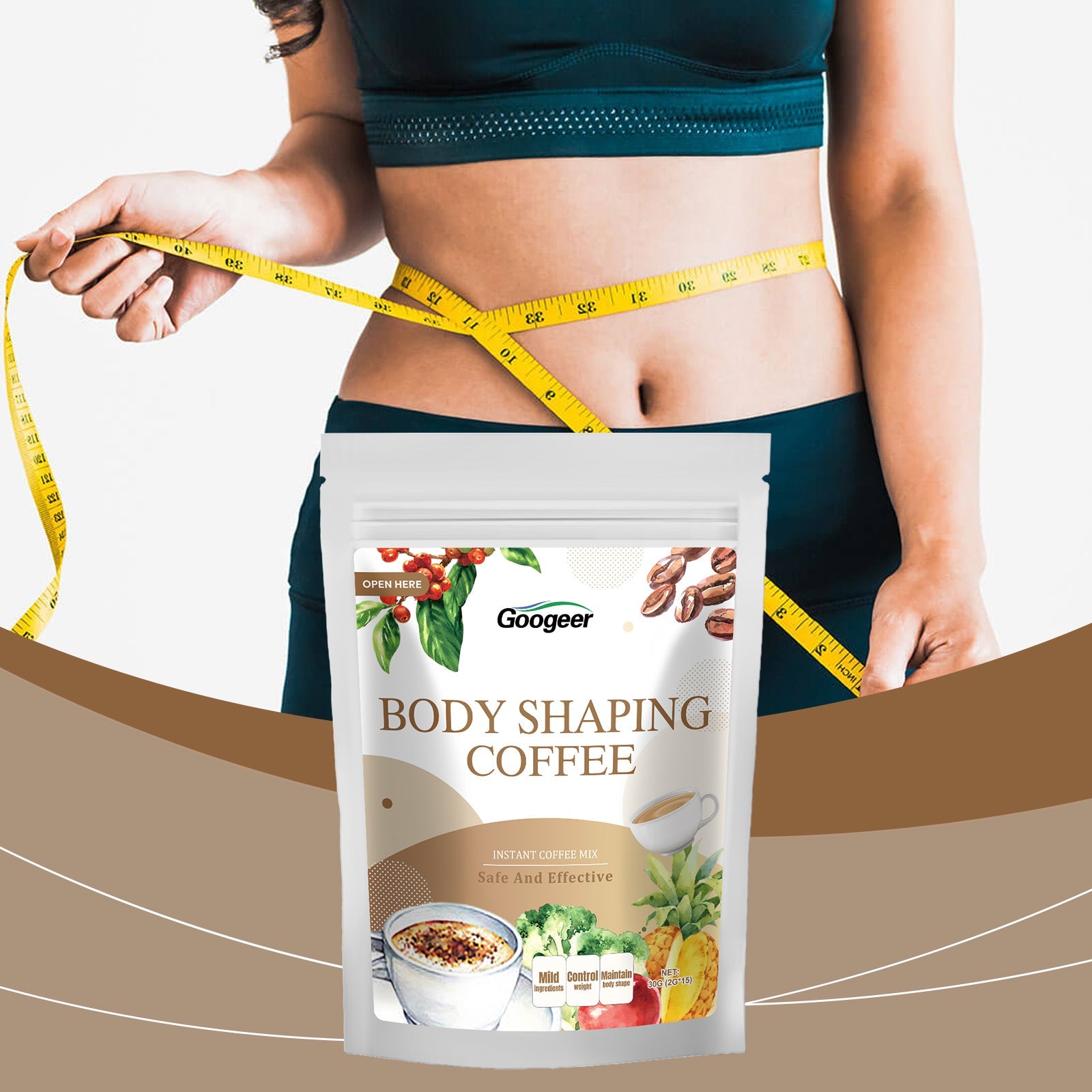 Googeer Body Shaping Coffee white pouch with botanical and coffee graphics, 8oz size, resealable top