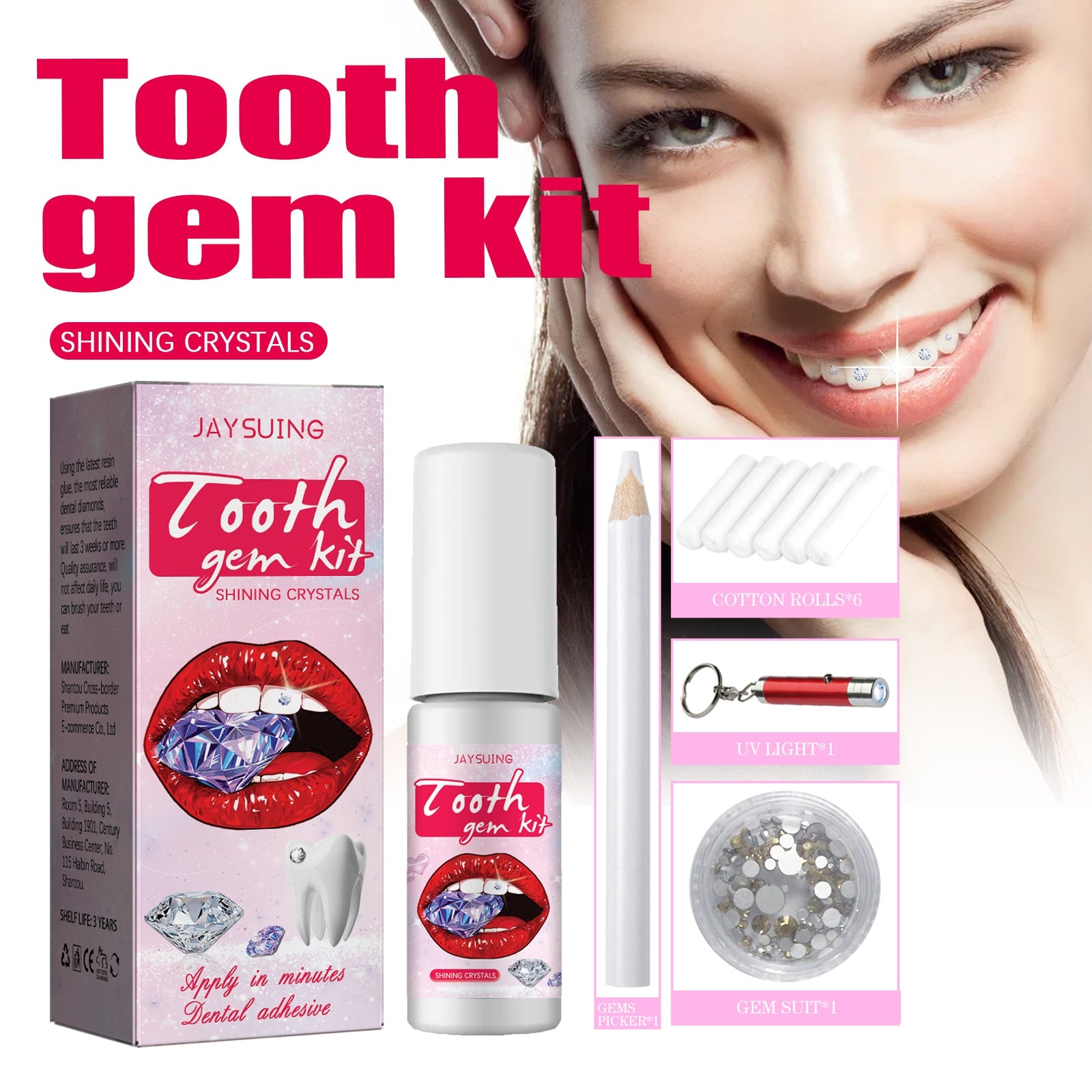 Young woman smiling brightly displaying teeth with visible shining crystal gems applied, showcasing real-world result with confident expression