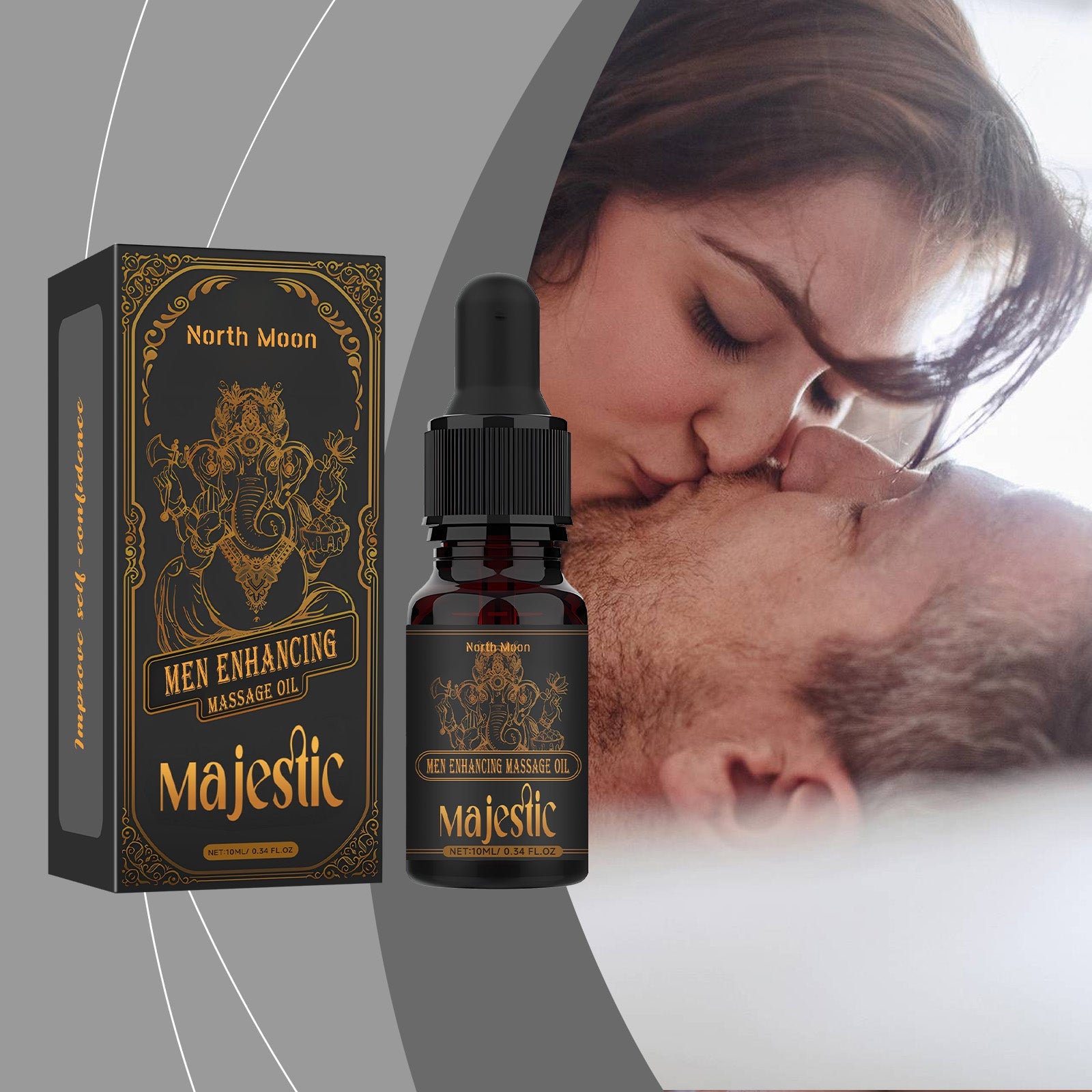 Intimate couple moment with product packaging displayed alongside man and woman in close embrace