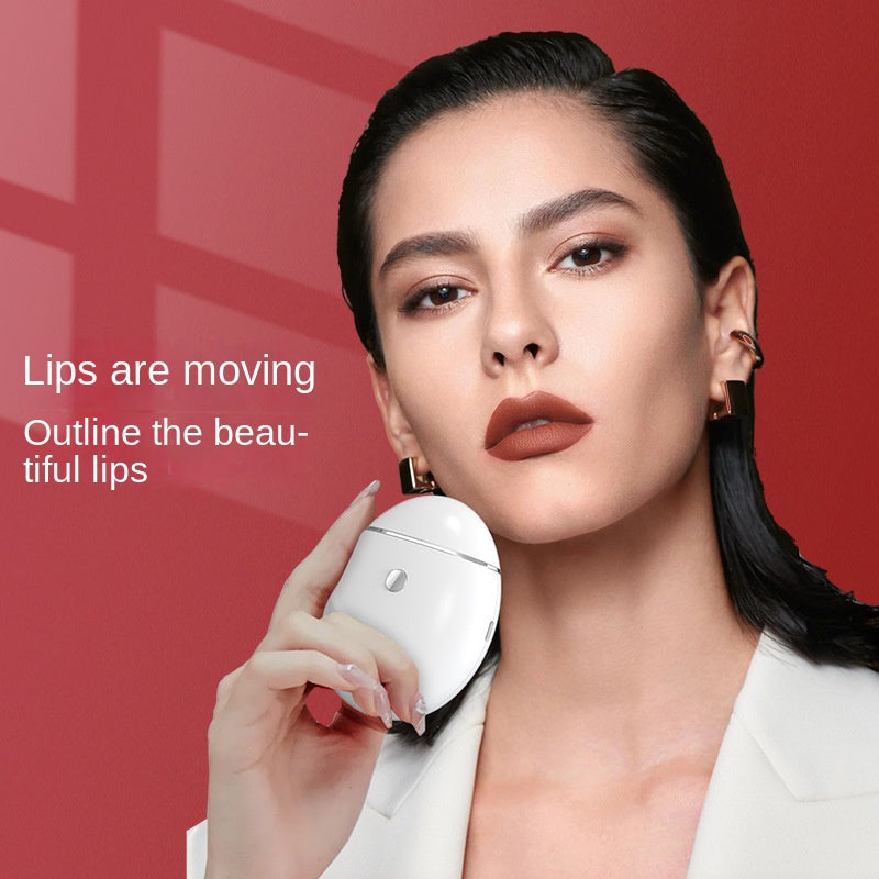 Woman holding white device against cheek with red lip color, demonstrating portable handheld use and lip outline benefits