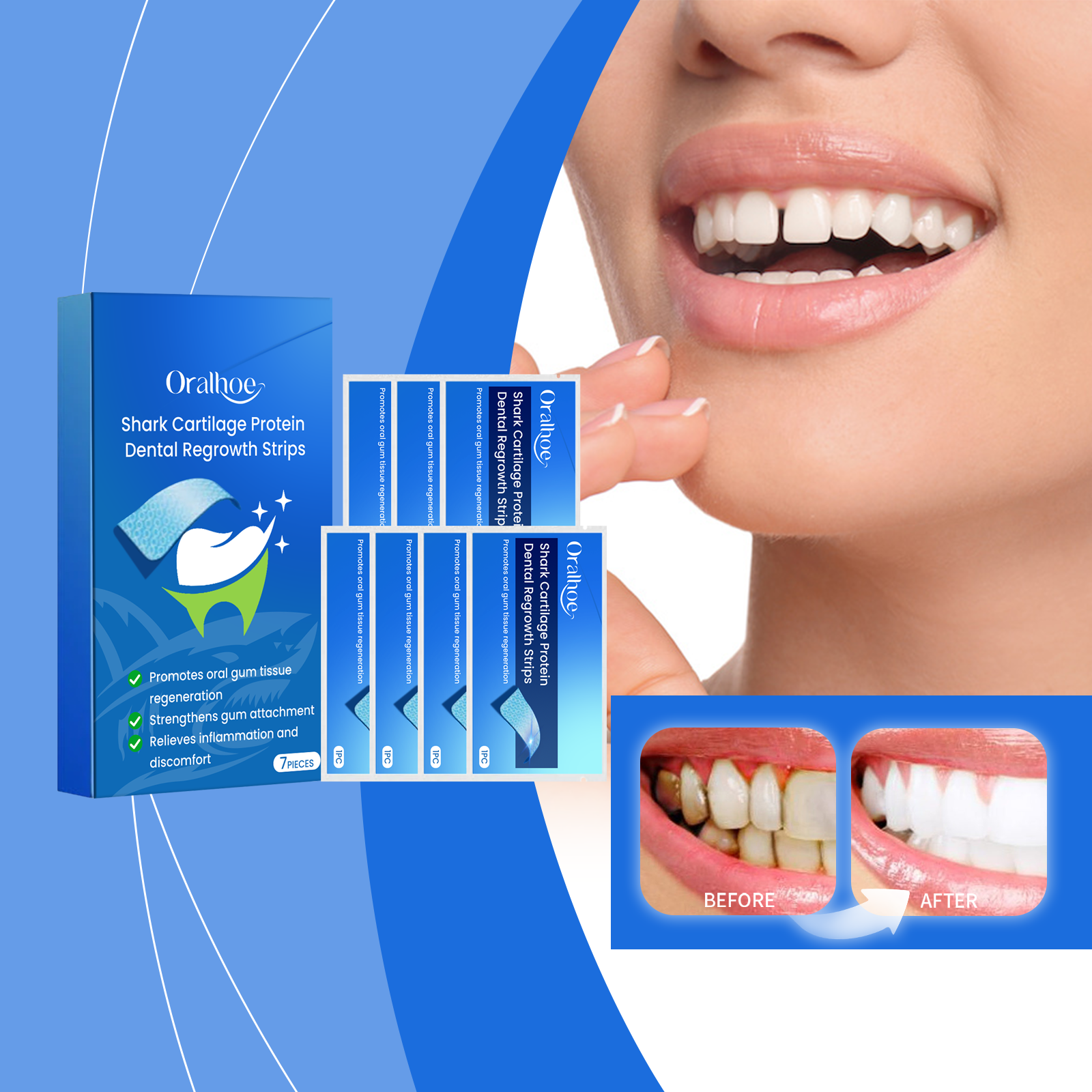 Close-up of healthy bright smile with two benefit cards below highlighting Quick Results and Mild Material