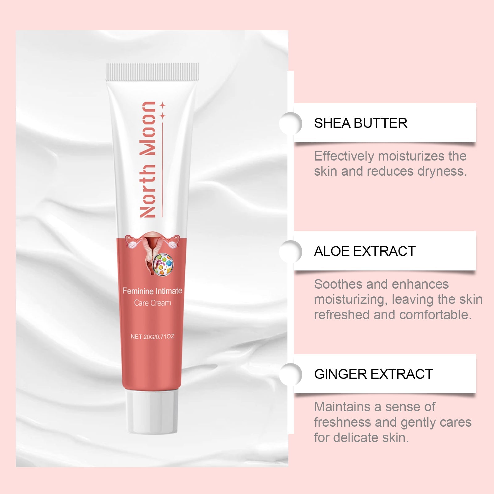 Product tube on soft white fabric background with labeled key ingredients: Shea Butter, Aloe Extract, and Ginger Extract