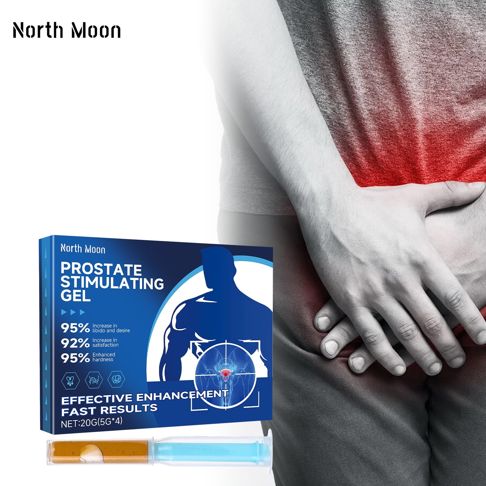 Man clutching lower abdomen with red heat overlay and product packaging visible